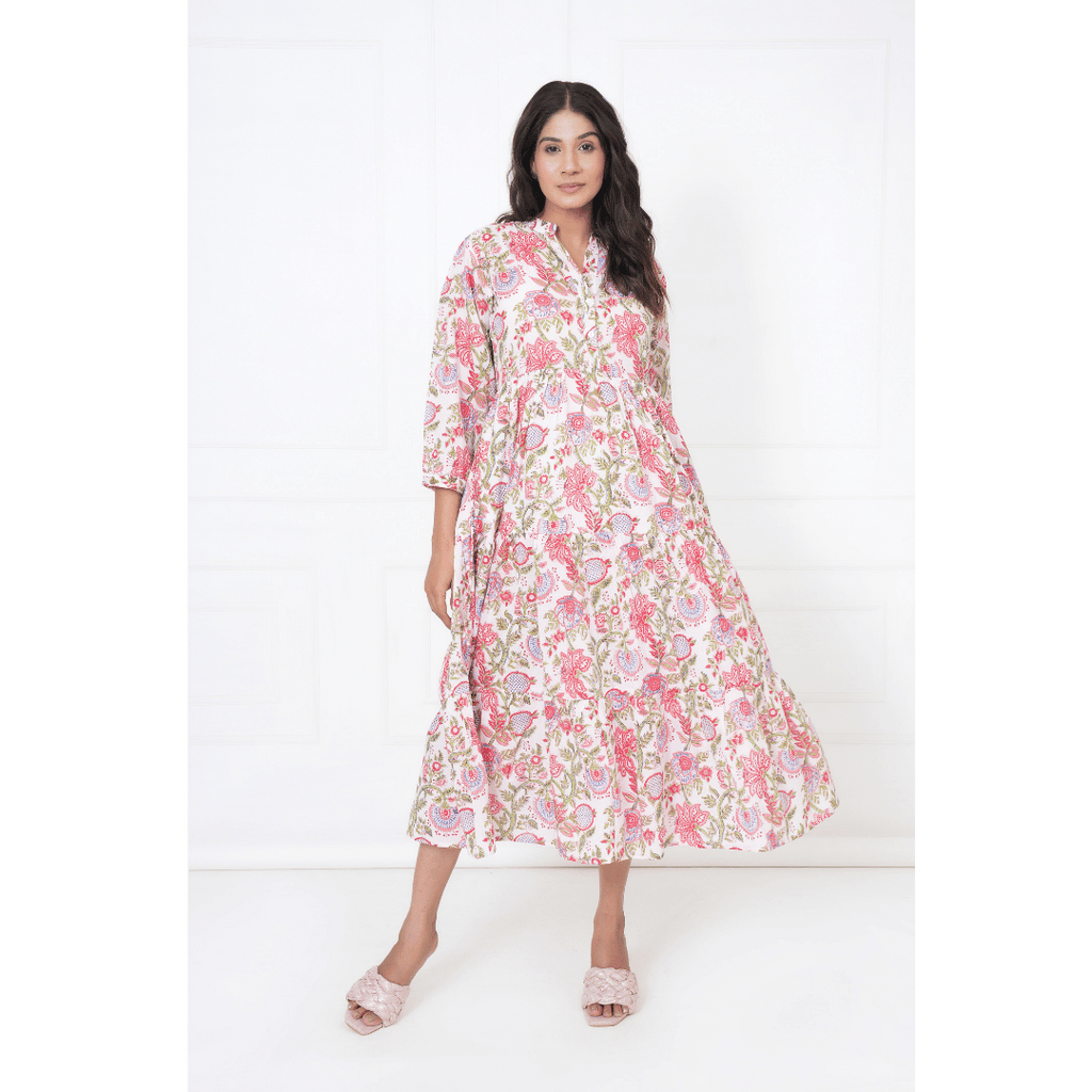 White Floral Block Print Maxi Anokhi Dress