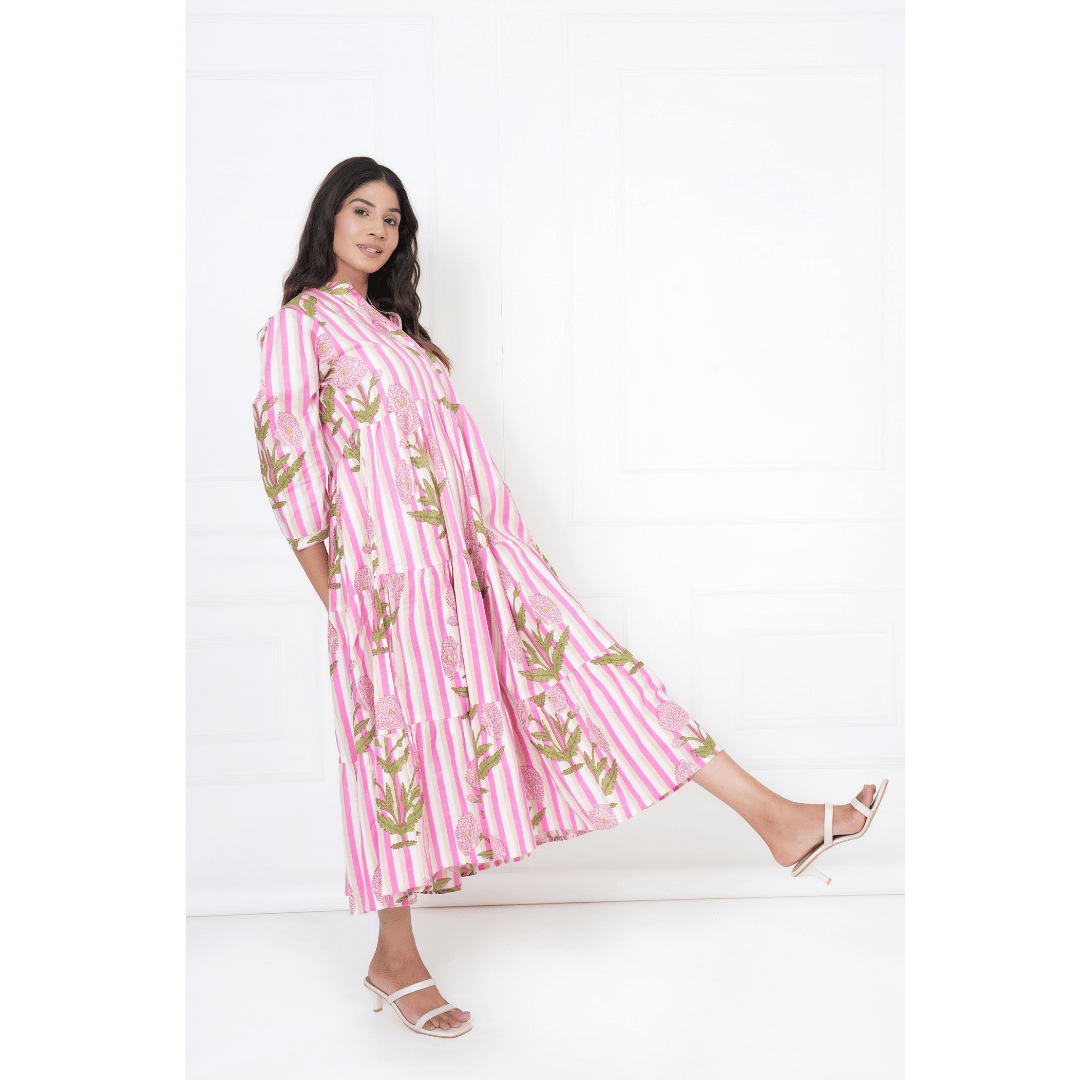 Pink White Floral Print Maxi Anokhi Dress