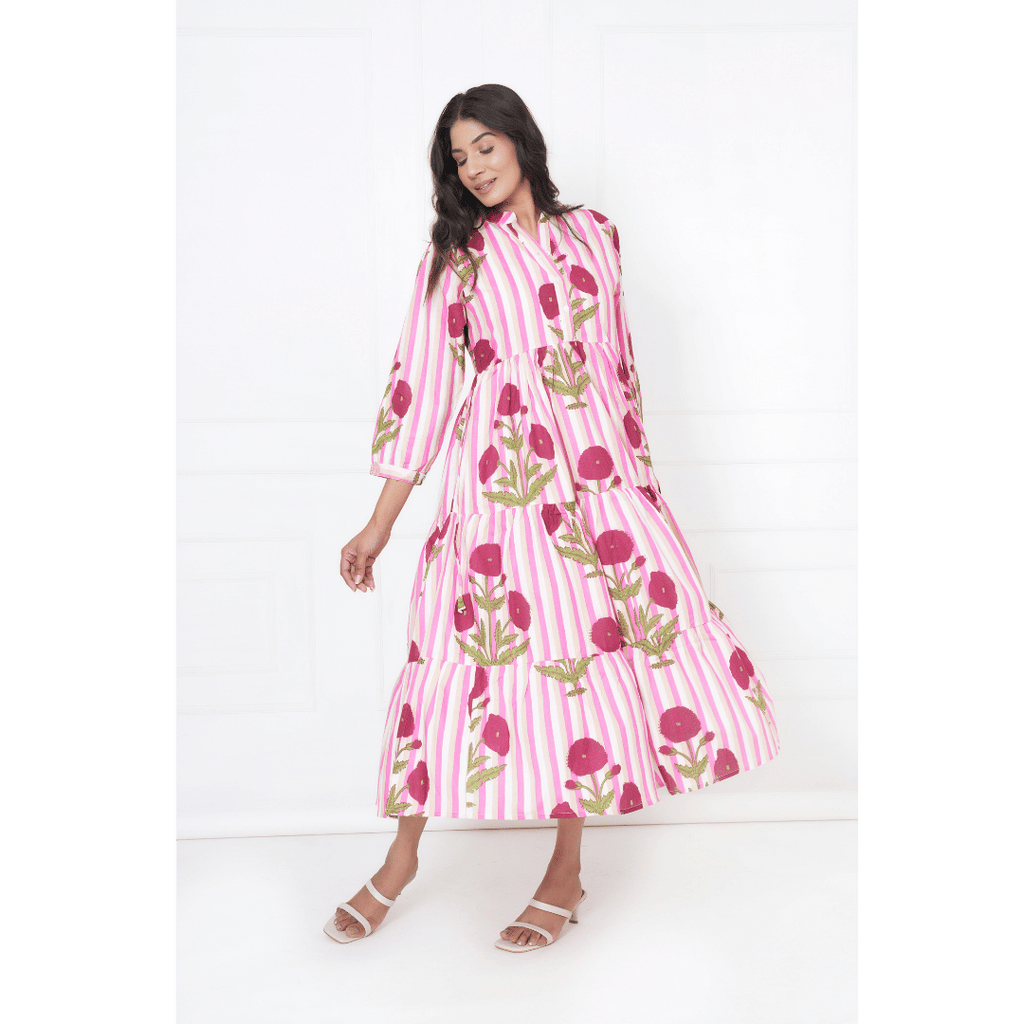 Pink White Stripe Print Maxi Anokhi Dress