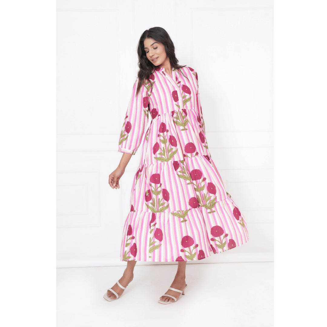 Pink White Stripe Print Maxi Anokhi Dress