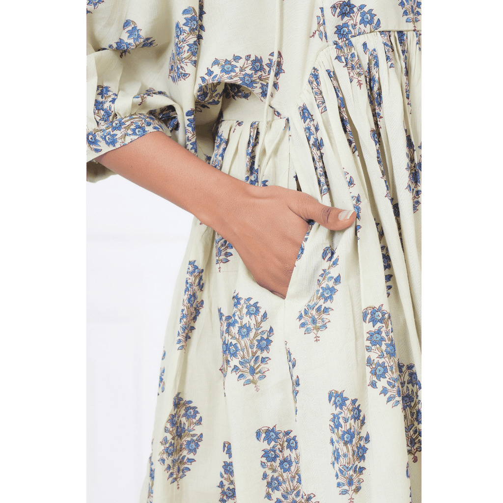Floral And Leaf Hand-Block Print Cotton Mini Doi Dress