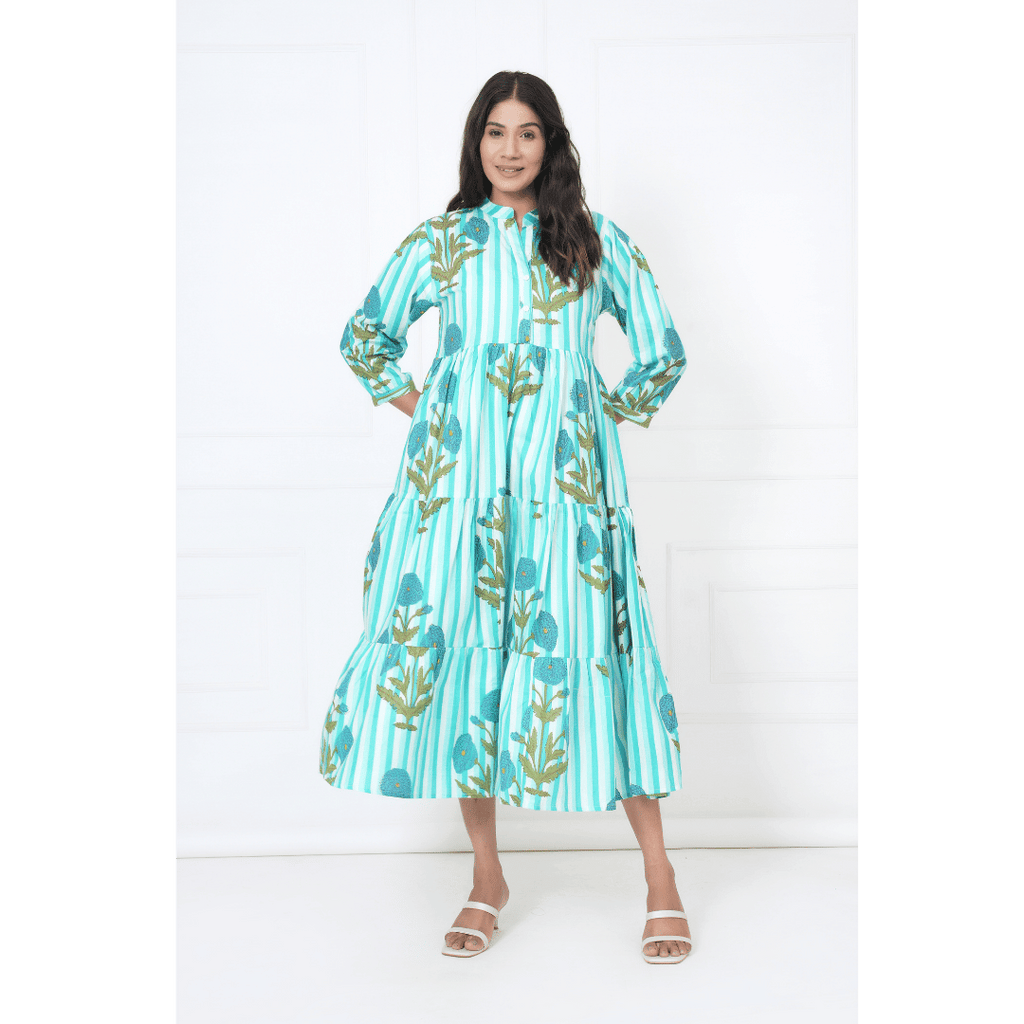 Turquoise Blue Print Maxi Anokhi Dress
