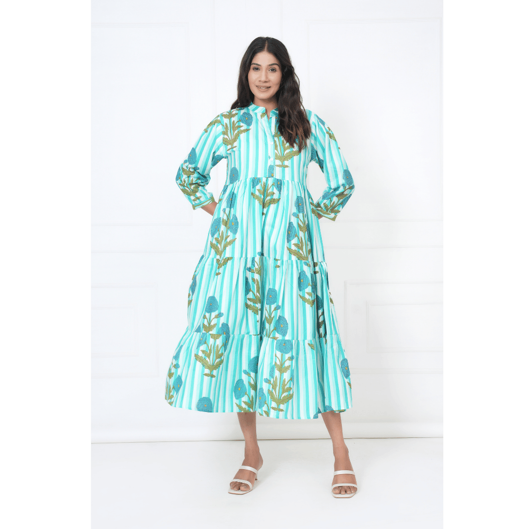 Turquoise Blue Print Maxi Anokhi Dress