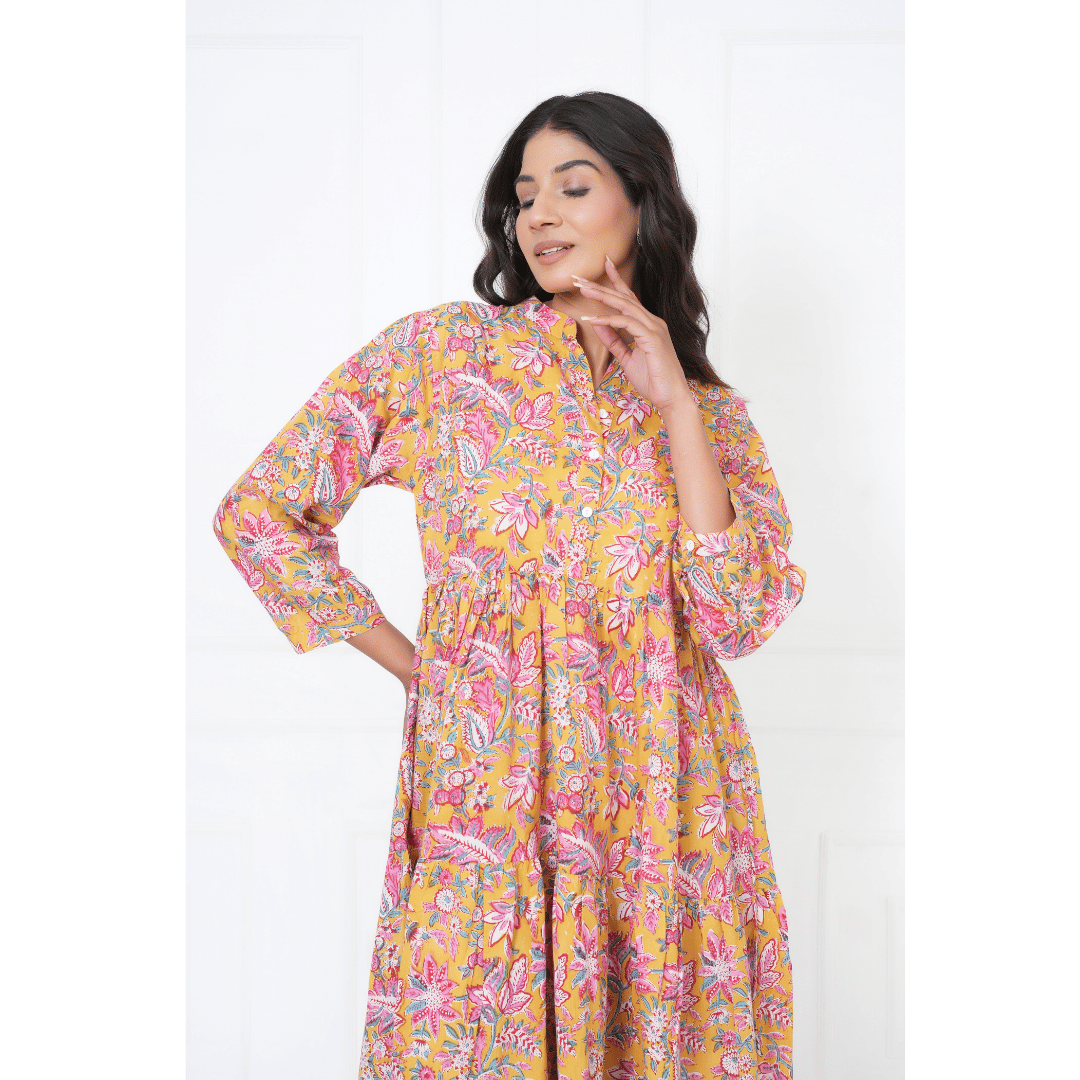Yellow Floral Block Print Maxi Anokhi Dress