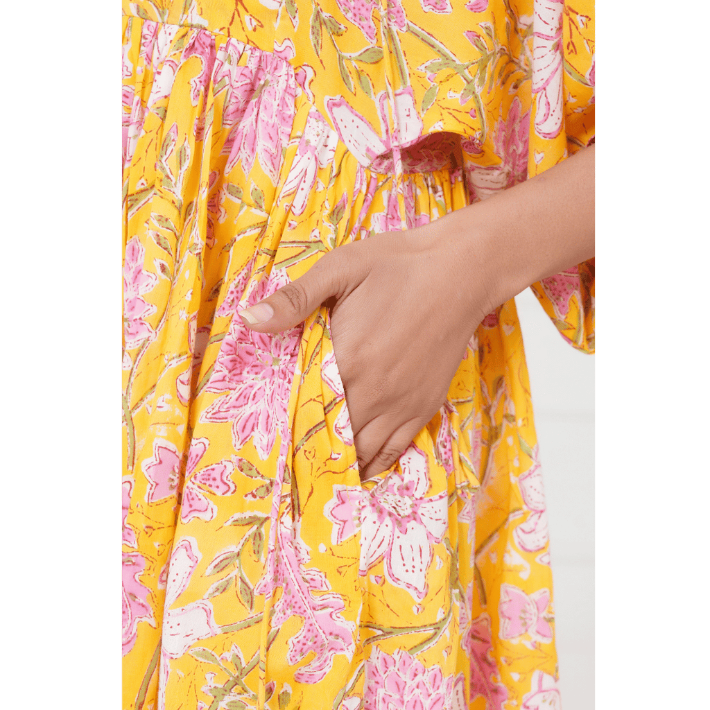 Mustard Hand-Block Print Cotton Mini Doi Dress