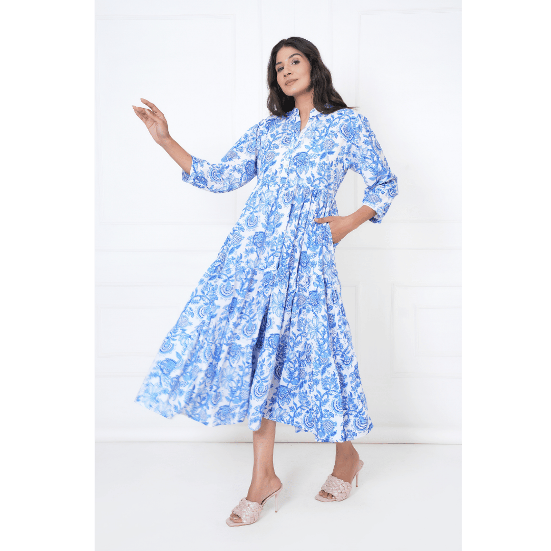 Blue Floral Block Print Maxi Anokhi Dress