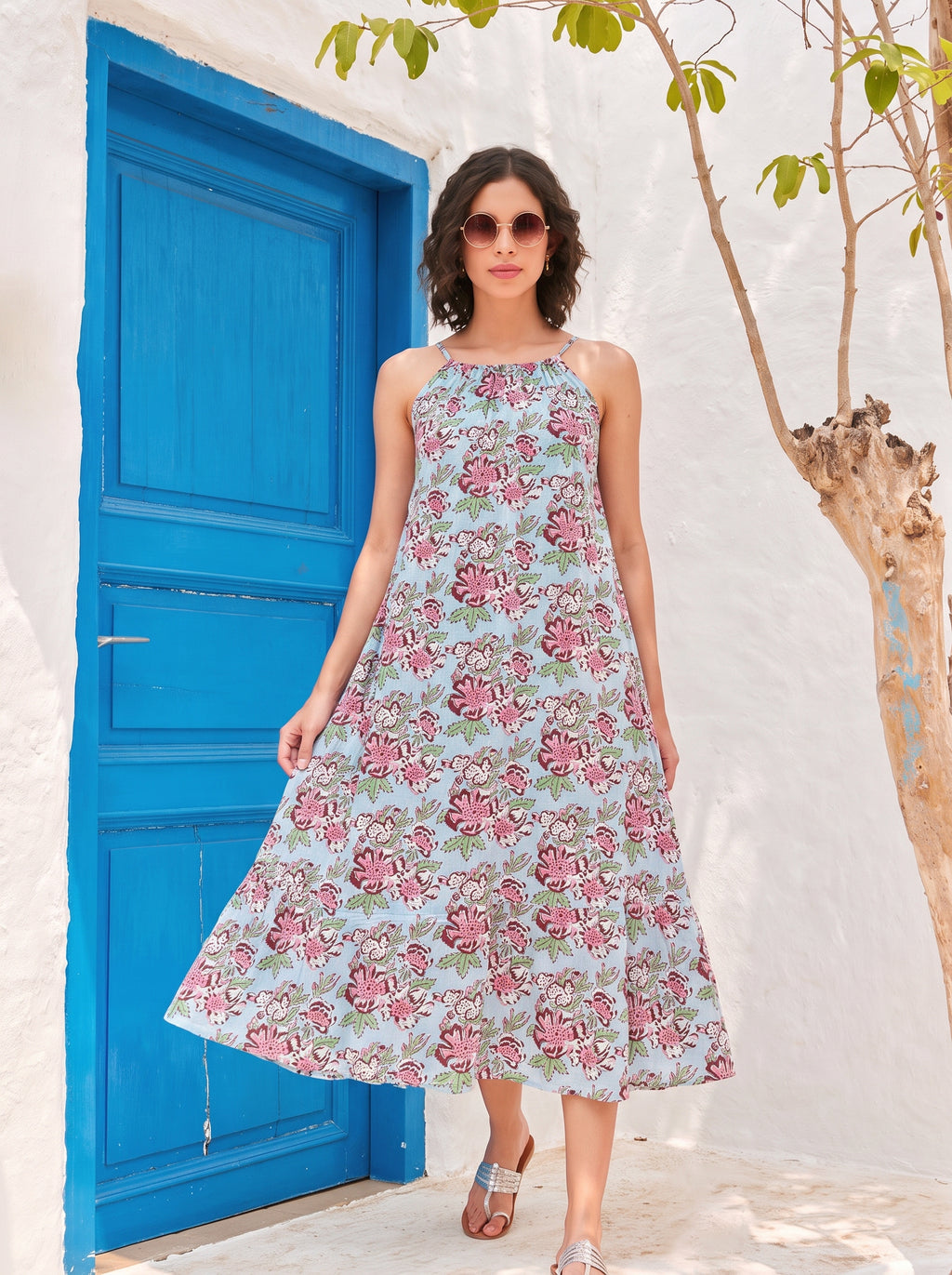Sky Blue Floral Cotton Midi Dress