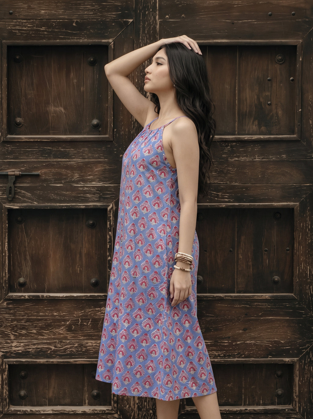 Blue Floral Hand Block Print Cotton Midi Dress