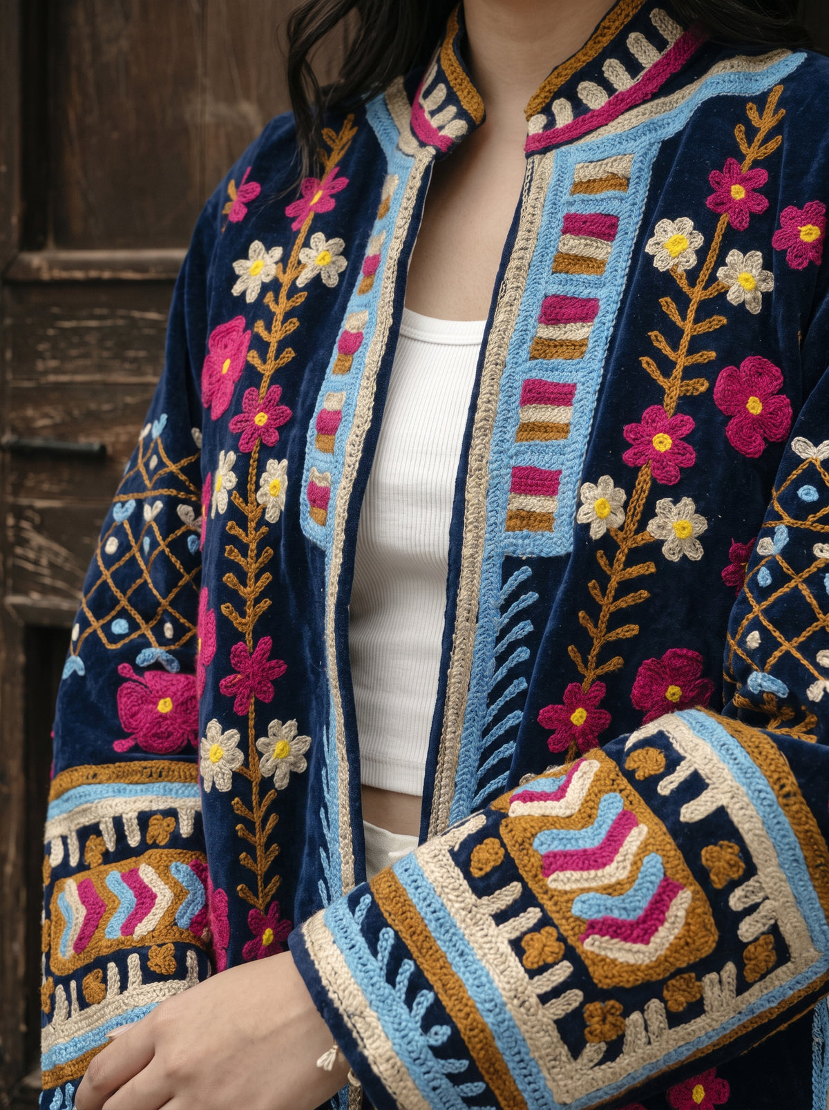 Navy Floral Embroidered Velvet Suzani Jacket