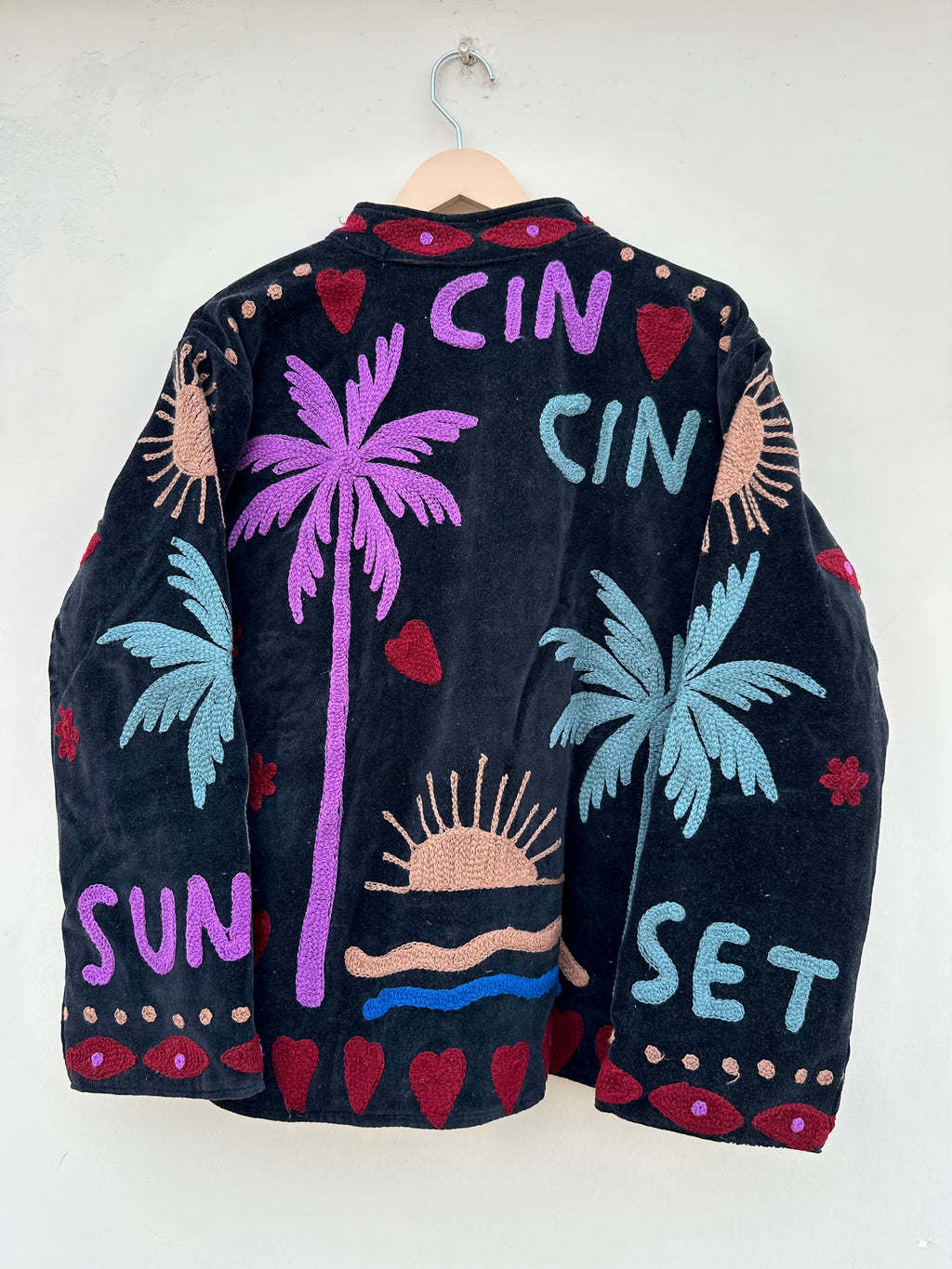 Tropical Sunset Embroidered Black Velvet Jacket