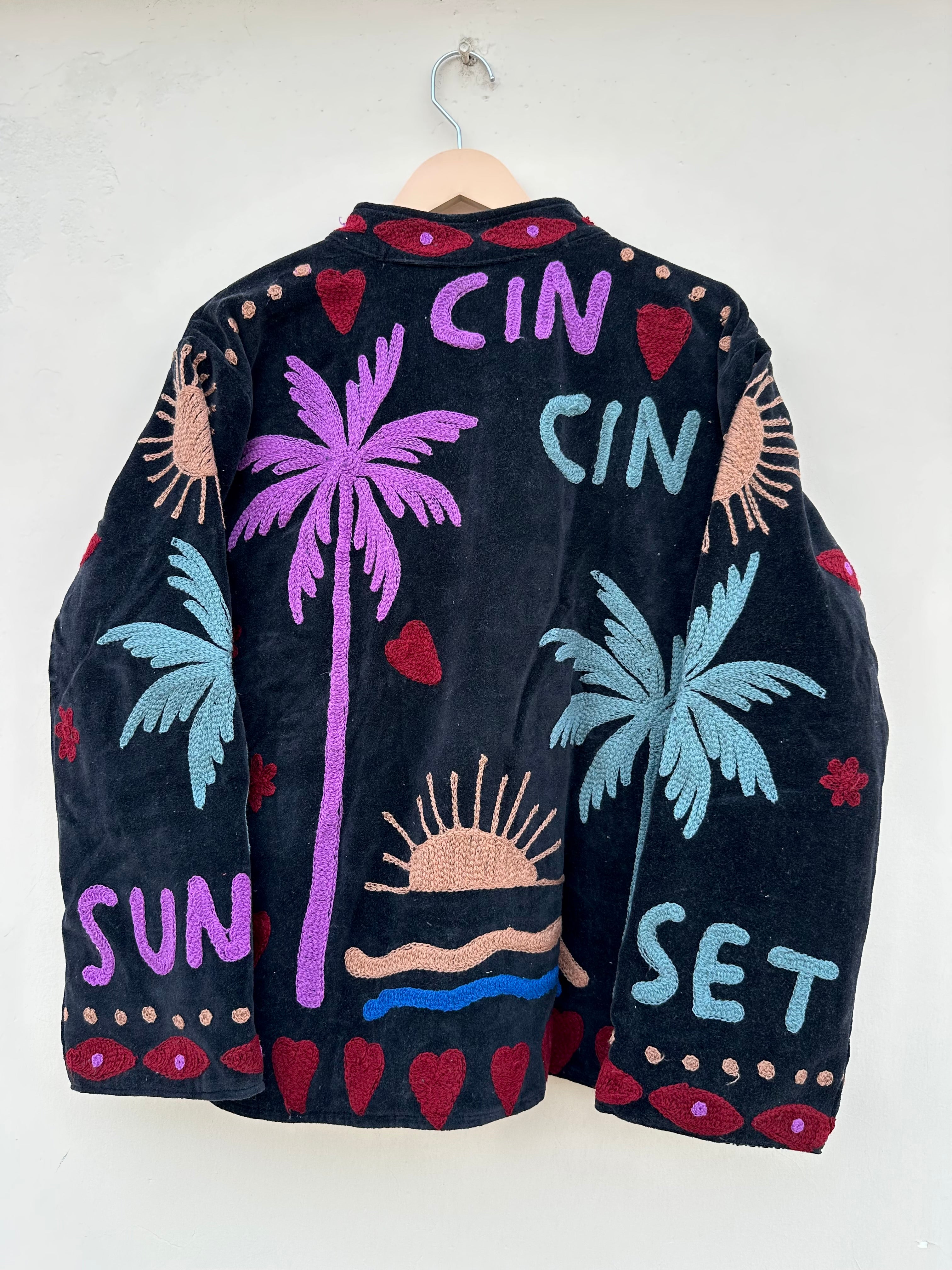 Tropical Sunset Embroidered Black Velvet Jacket