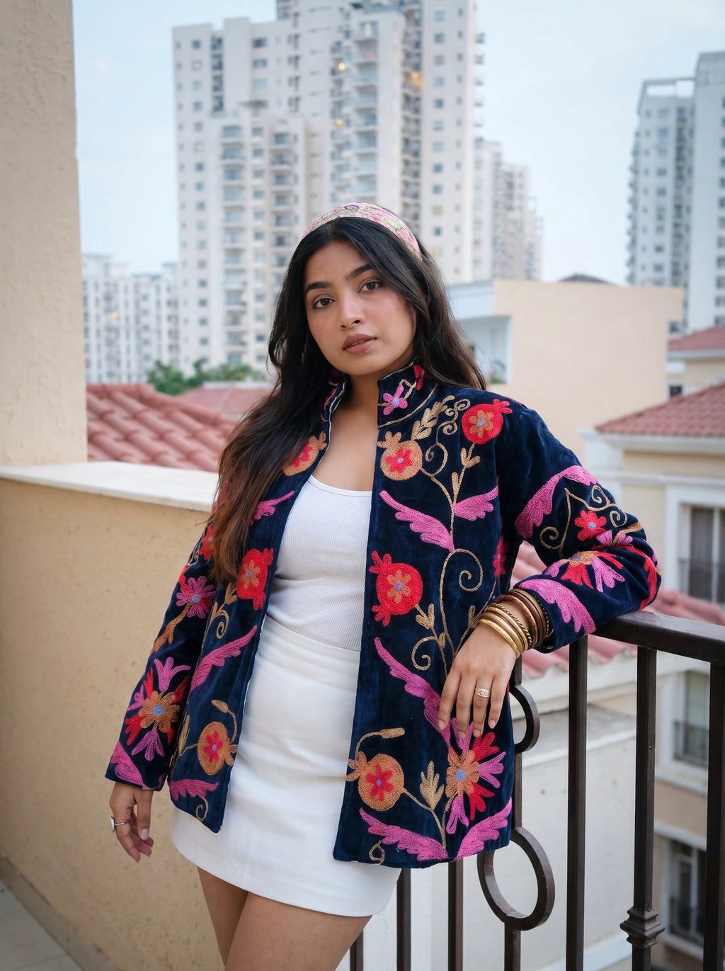 Navy Velvet with Pink Embroidered Velvet Jacket