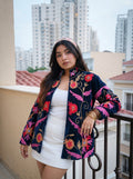 Navy Velvet with Pink Embroidered Velvet Jacket