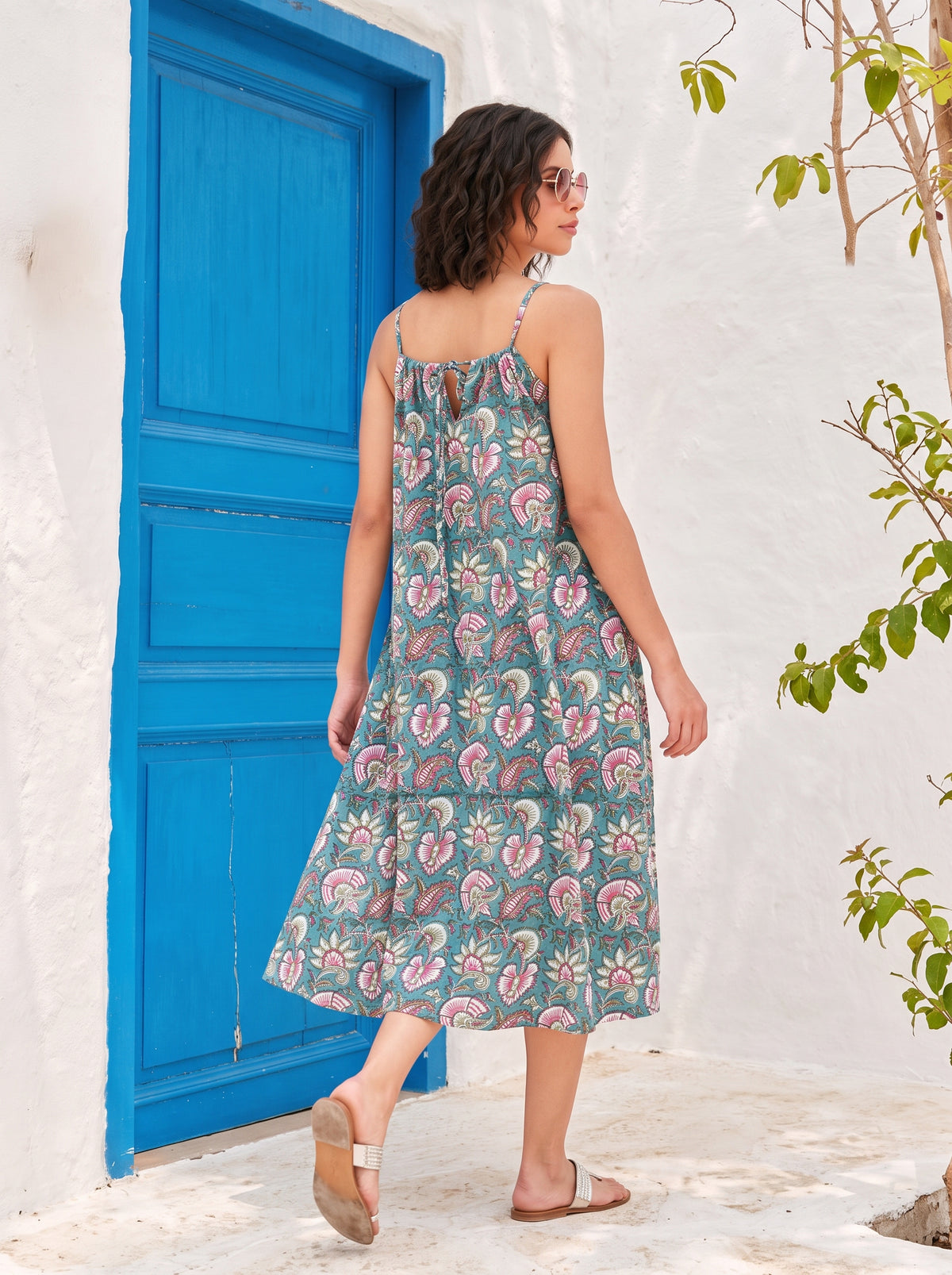 Teal Floral Cotton Halter Midi Dress