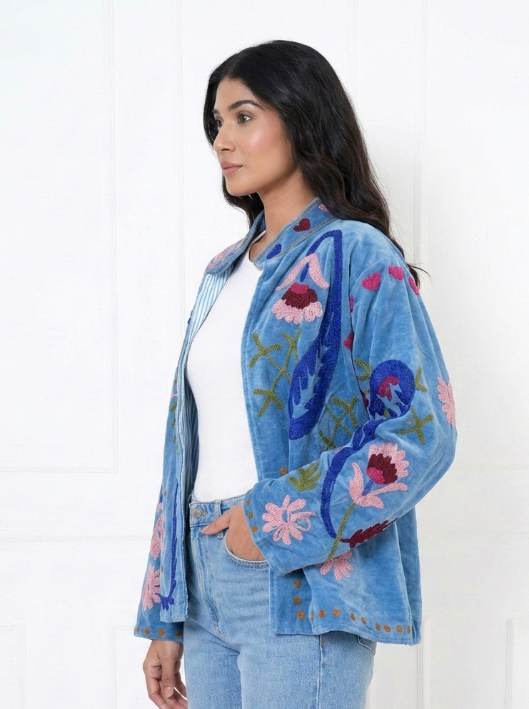Sky Blue Floral Embroidered Velvet Jacket