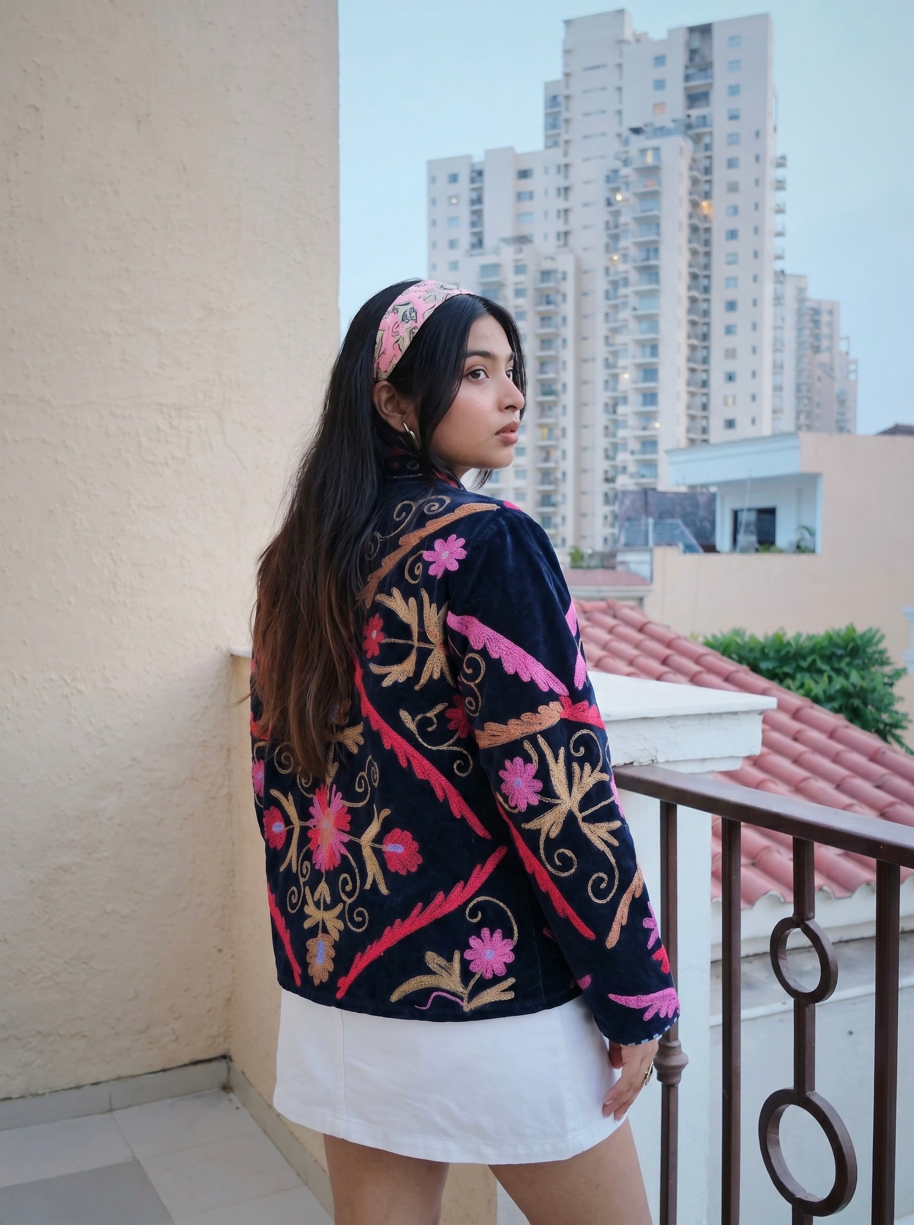 Navy Velvet with Pink Embroidered Velvet Jacket