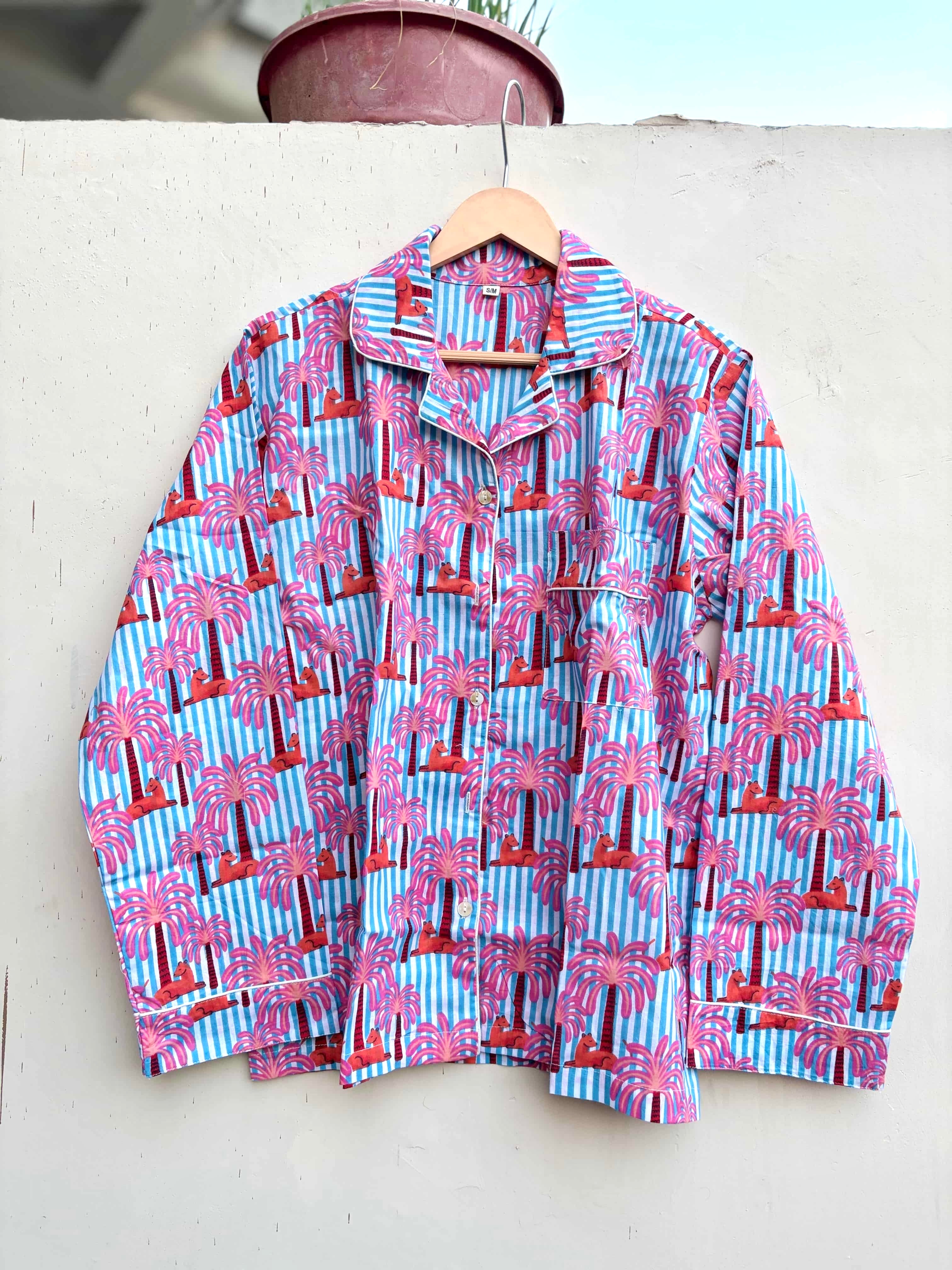 Tropical Palm Stripe Cotton Night Suit Set