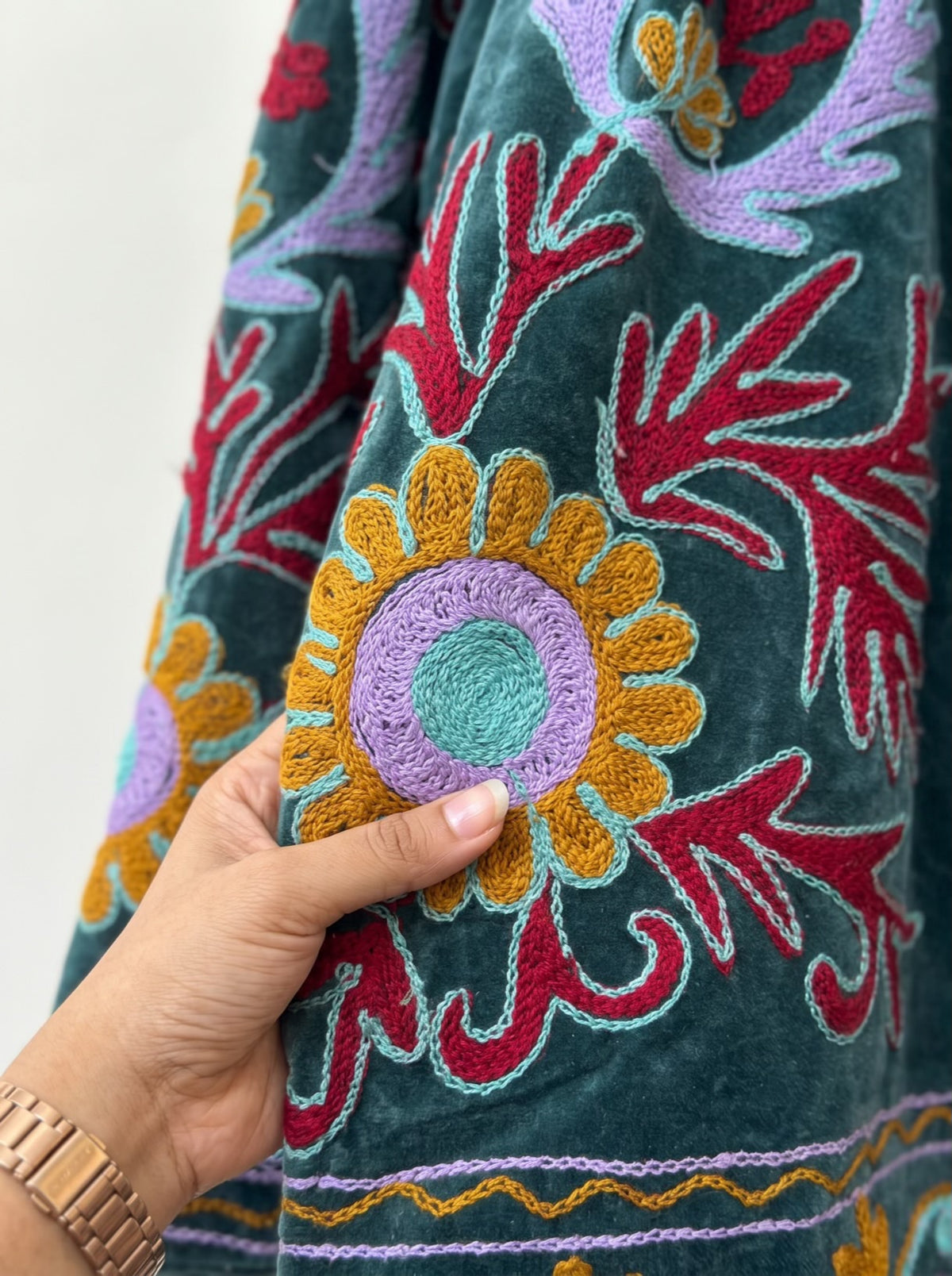 Emerald Bloom Embroidered Velvet Jacket