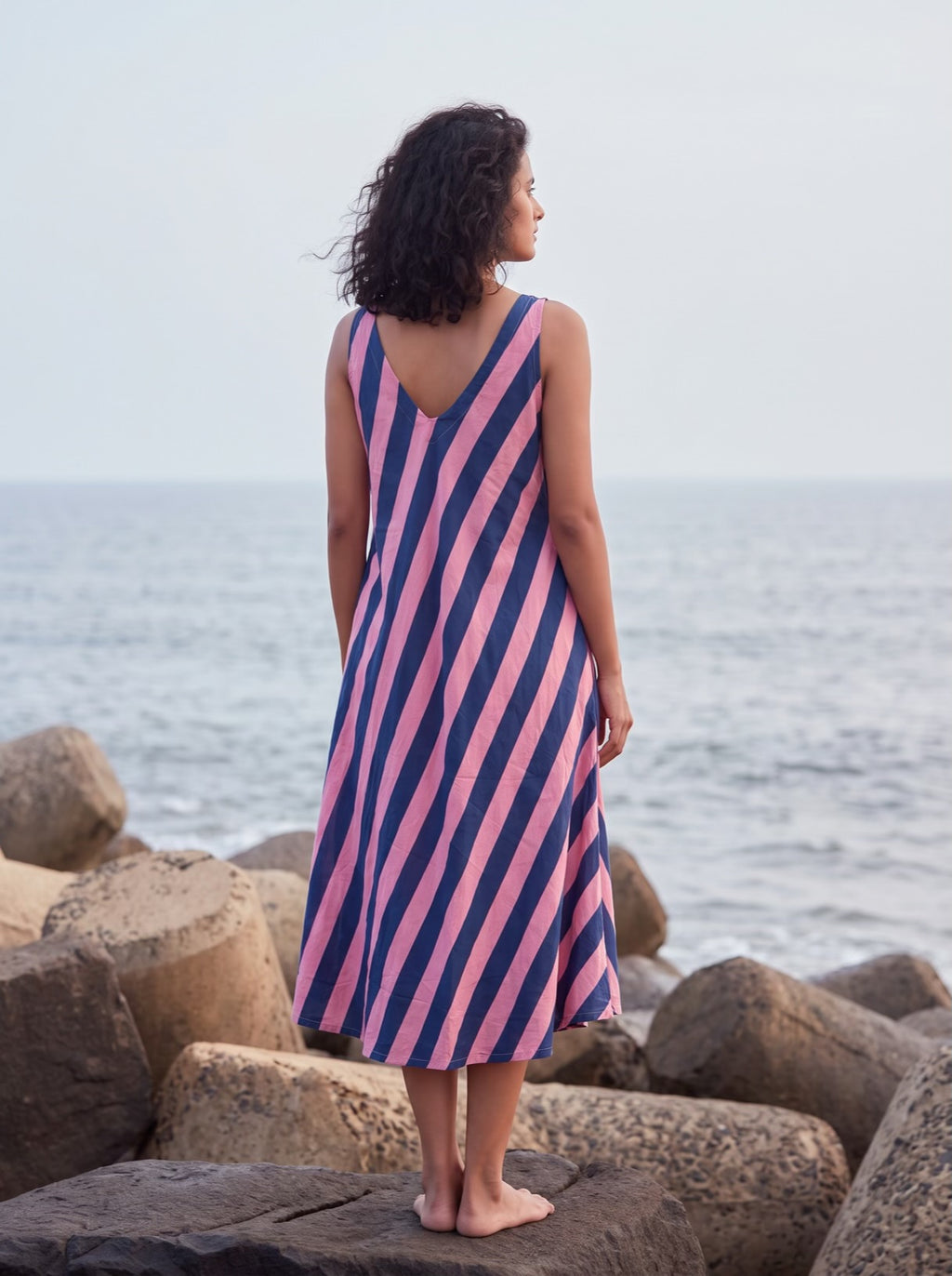 Navy & Pink Stripe Flare Dress