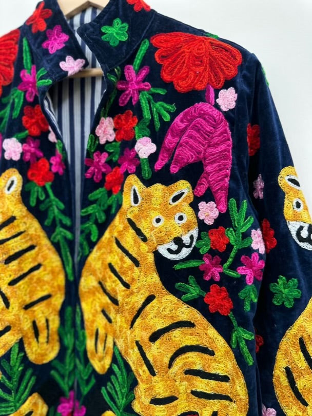 Royal Tiger Hand-Embroidered Velvet Jacket