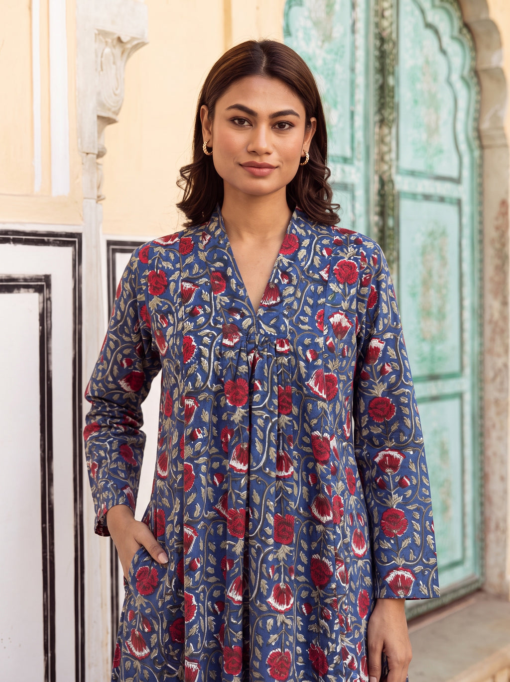Blue Floral Flare Midi Dress
