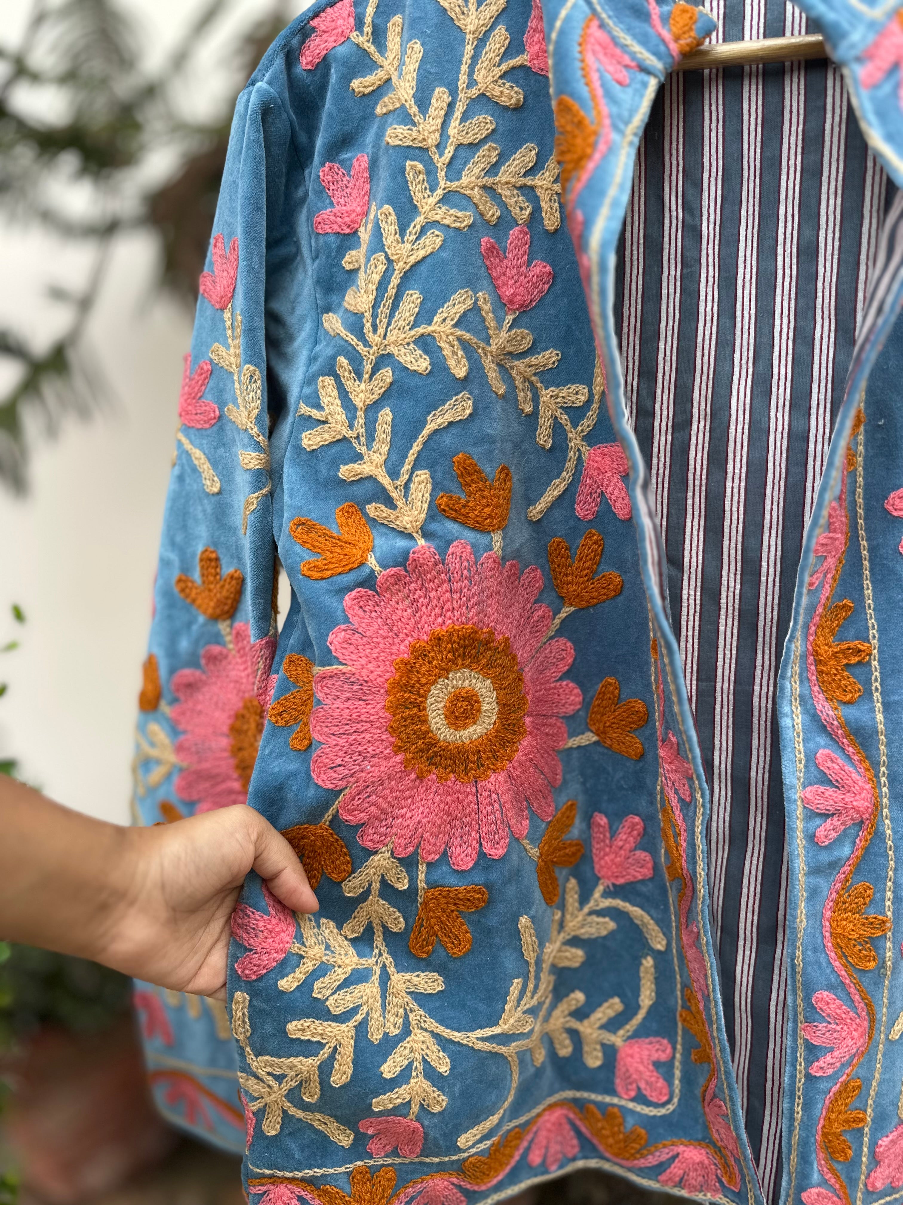 Sky Blossom Embroidered Velvet Jacket