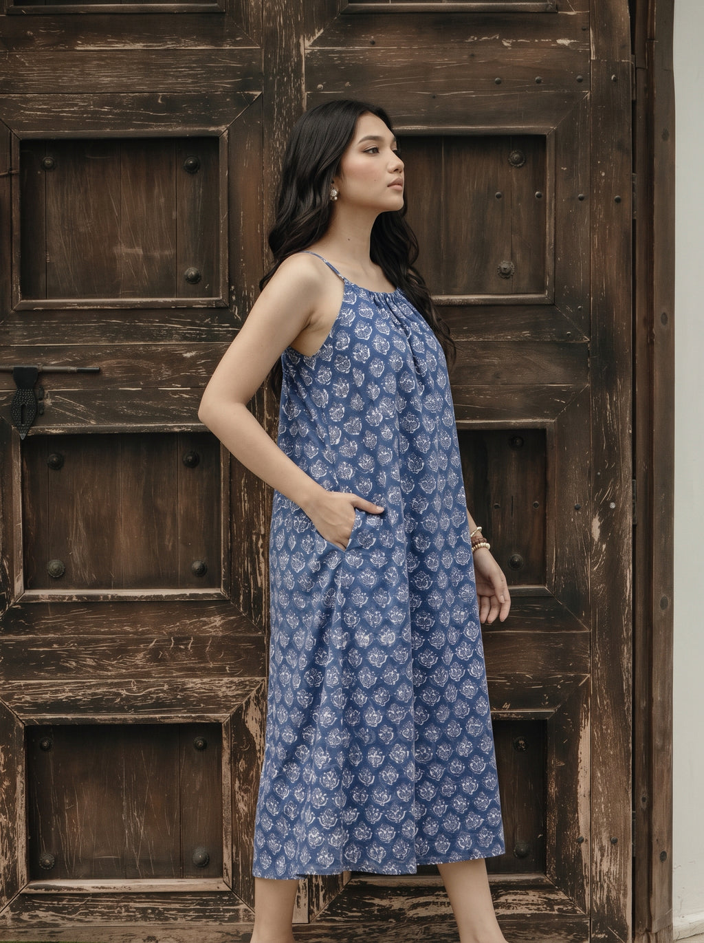 Indigo Floral Cotton Midi Halter Dress