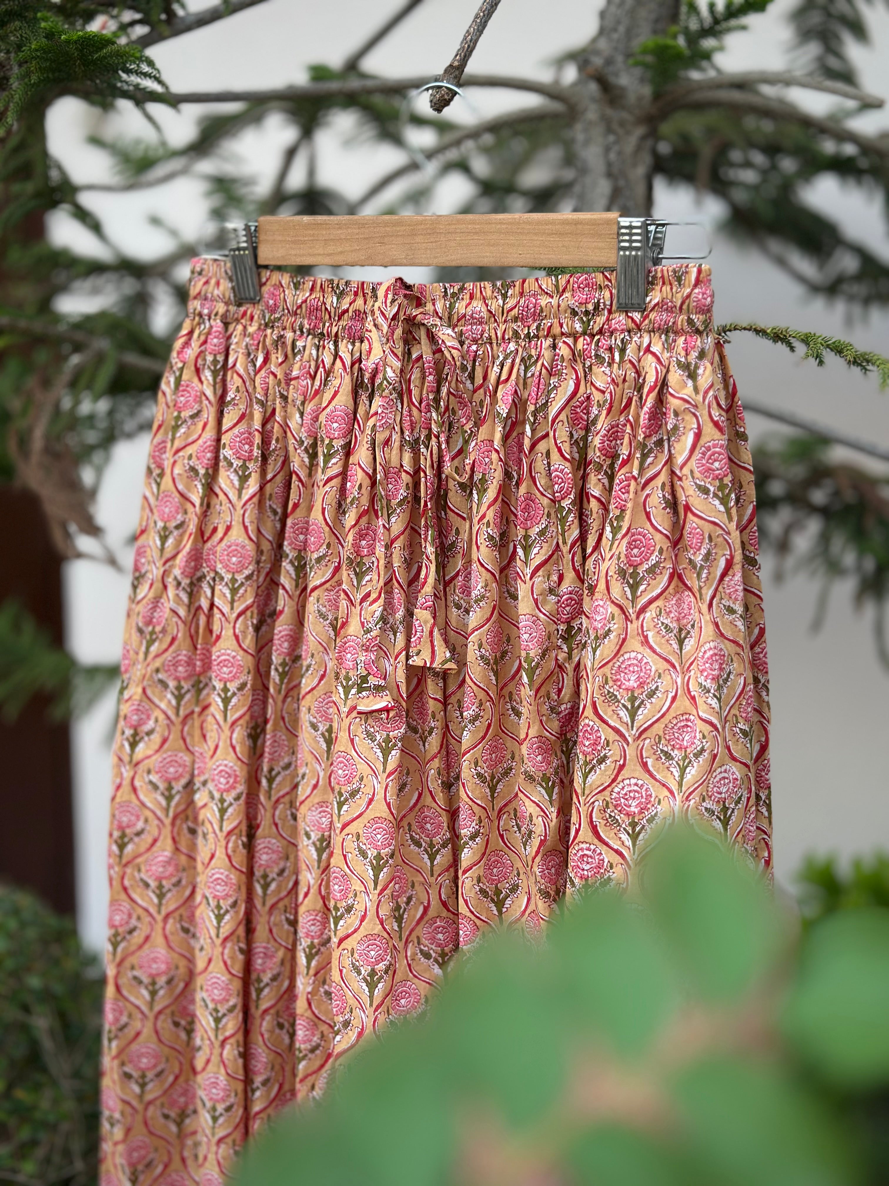 Mustard & Pink Floral Block Print Skirt