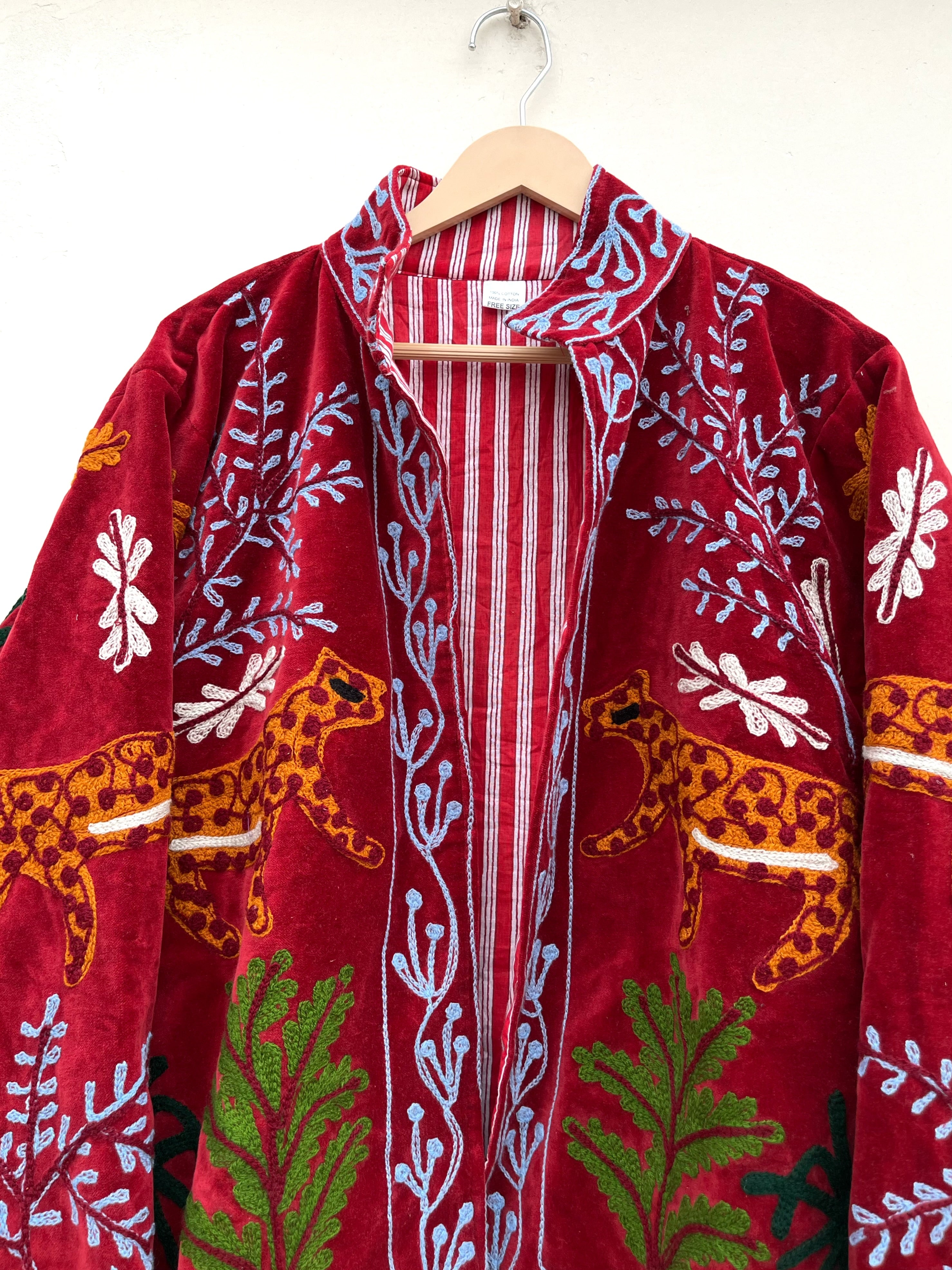 Burgundy Leopard Embroidered Velvet Jacket