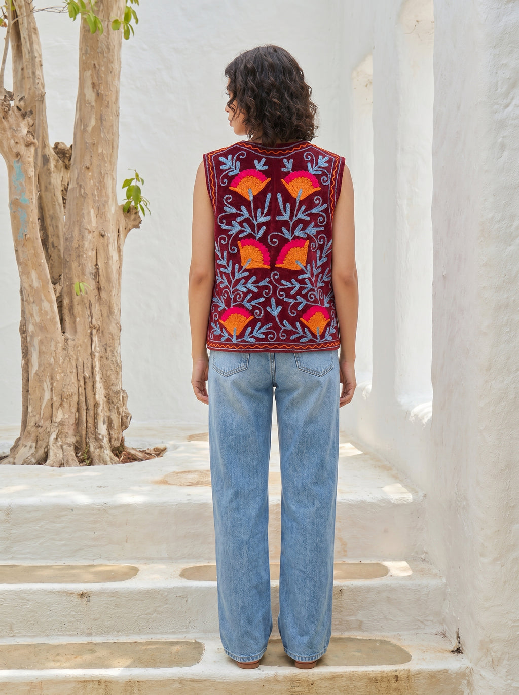Red Sunset Bloom Embroidered Velvet Vest