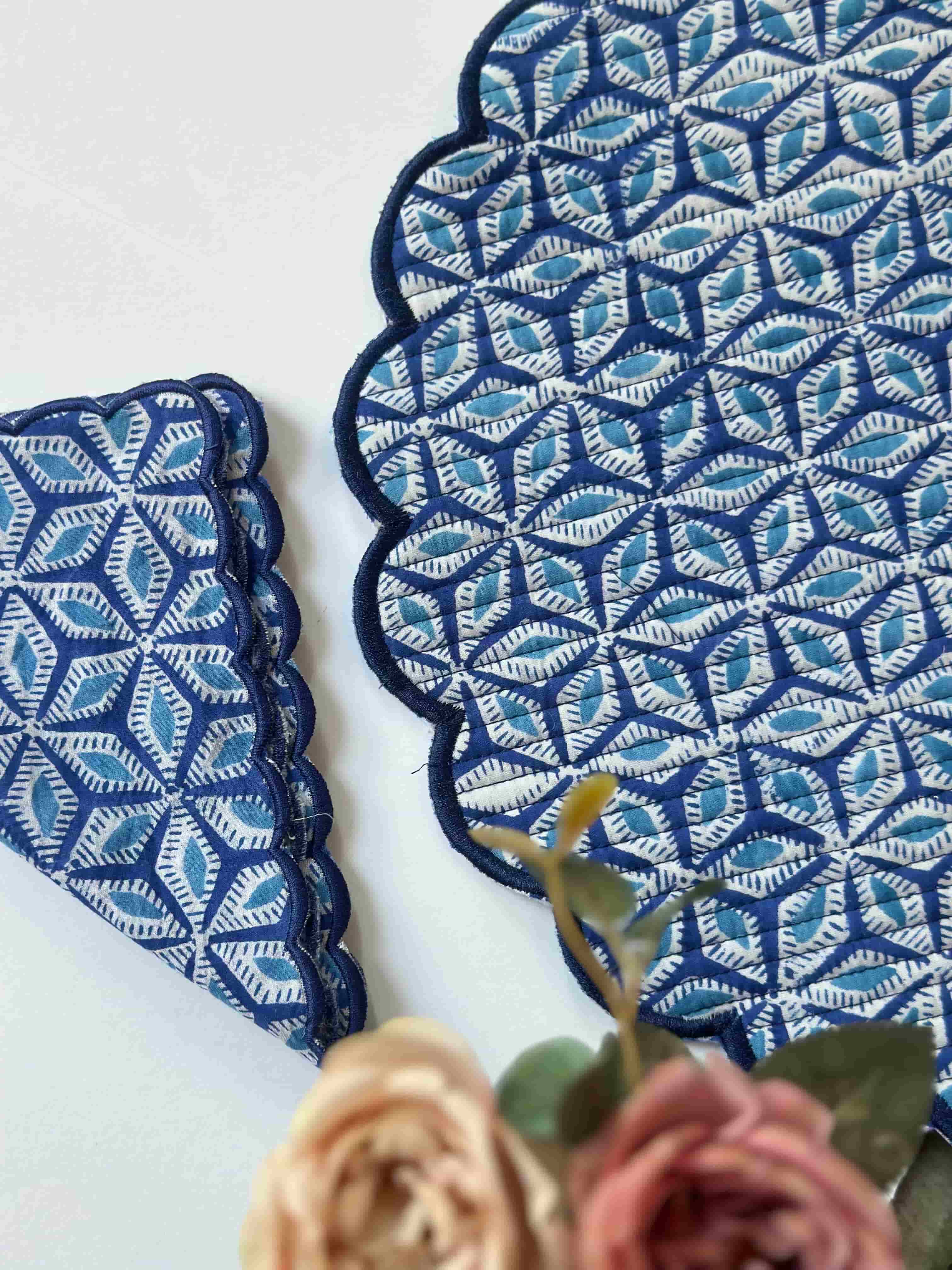 Indigo Bloom Quilted Placemats & Napkin Set of 6