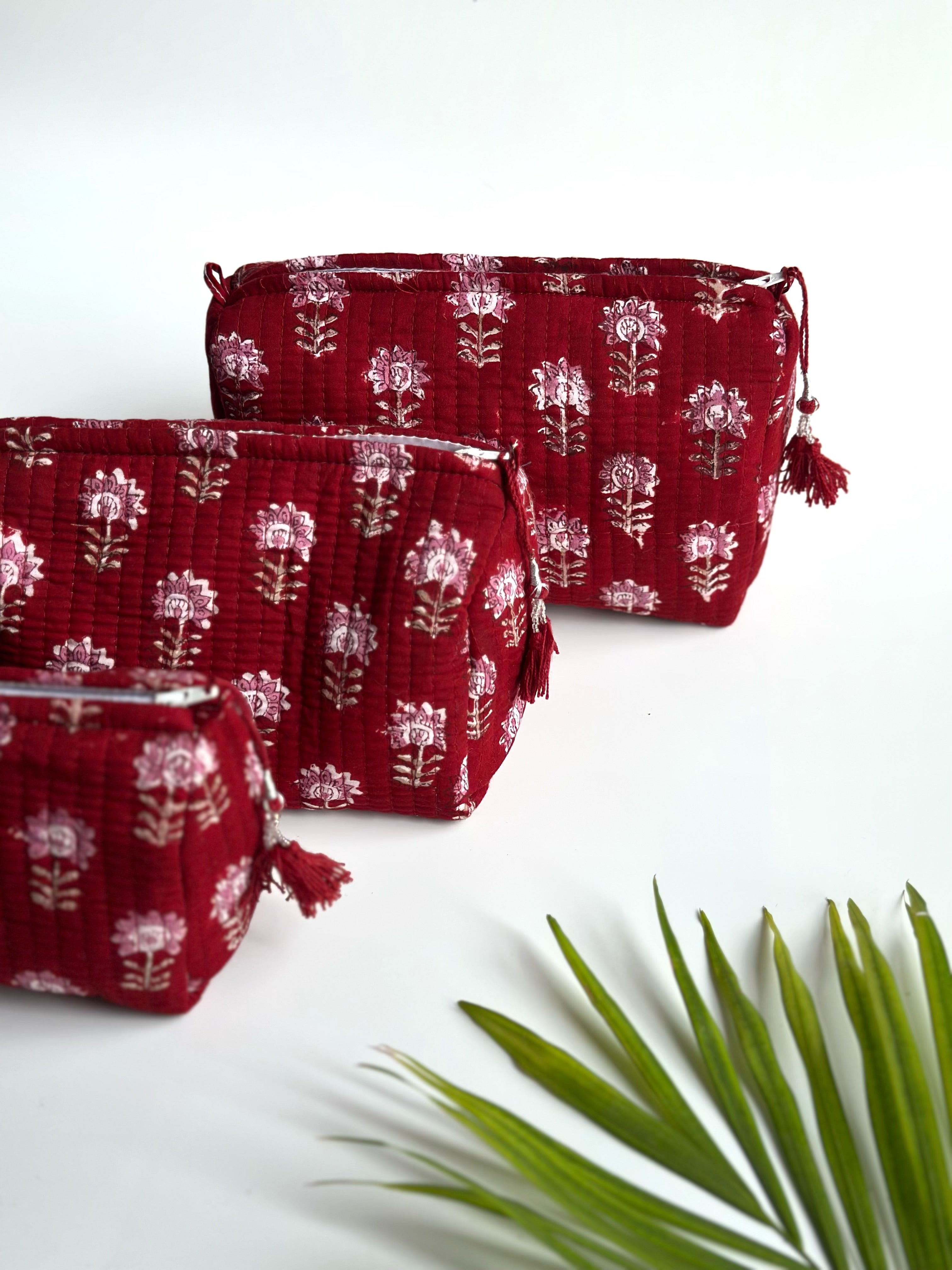 Ruby Blossom Quilted Cosmetic Bag Set of 3