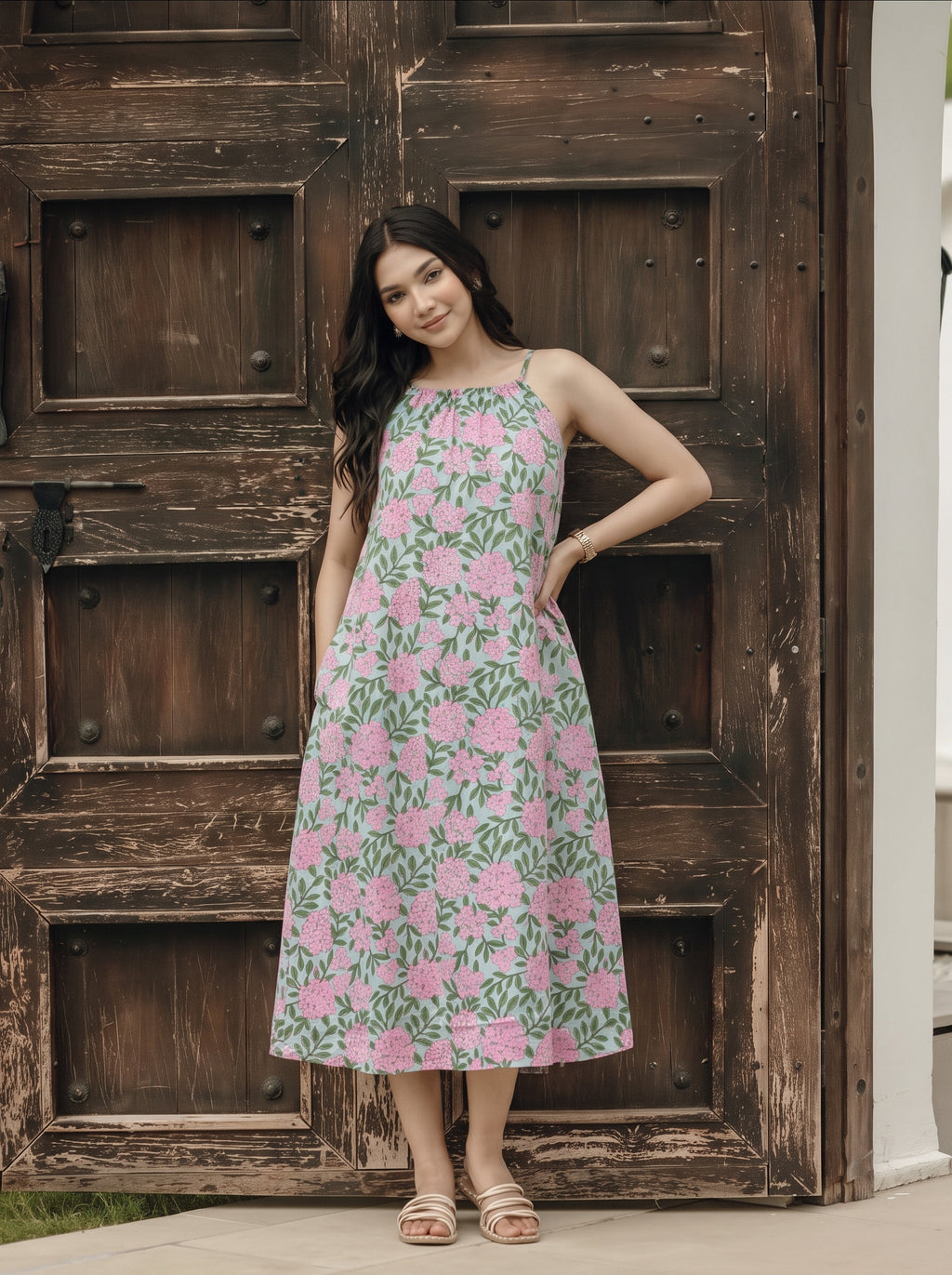 Pink Floral Hand Block Print Cotton Midi Dress