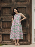Pink Floral Hand Block Print Cotton Midi Dress