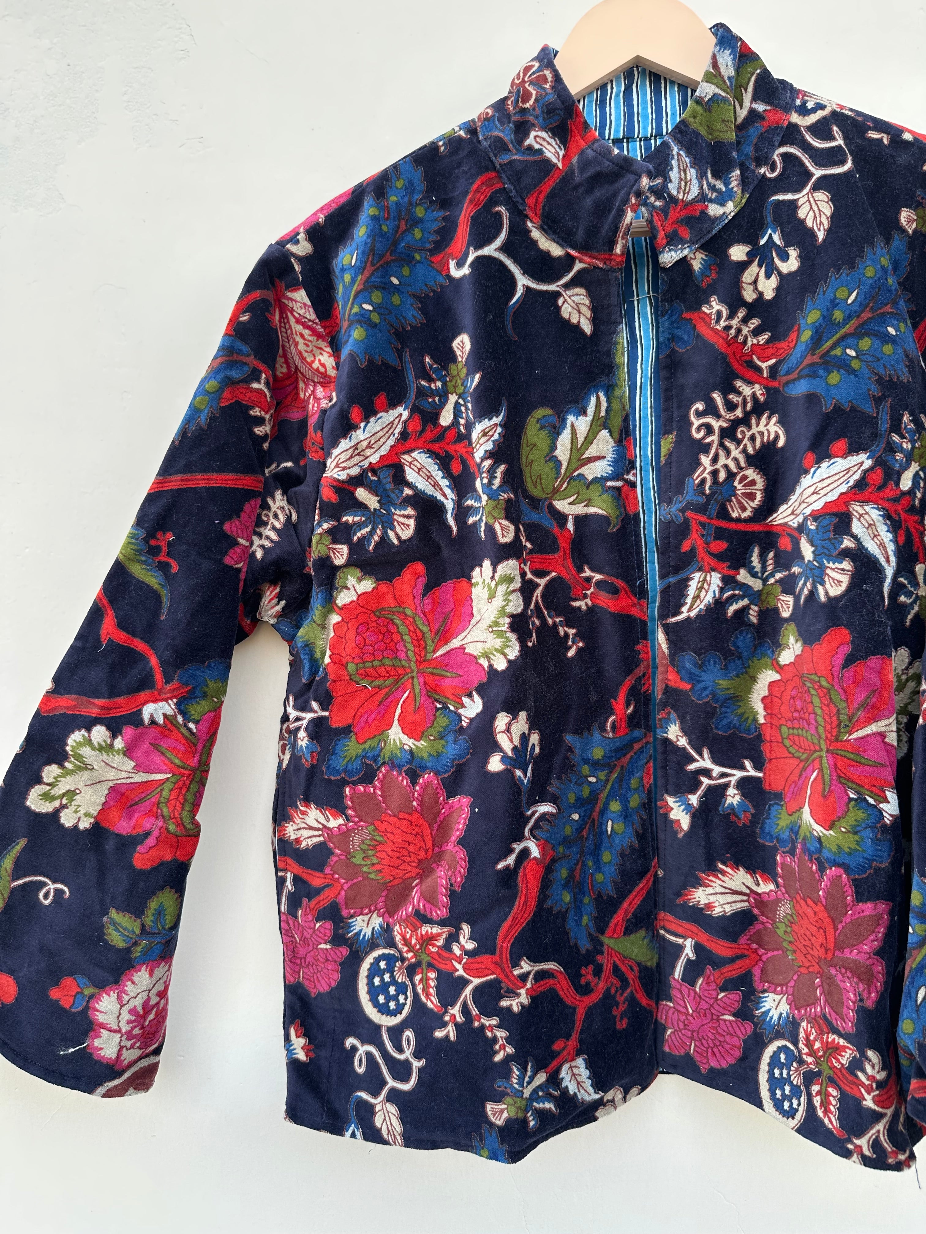 Navy Blue Vibrant Floral Velvet Jacket