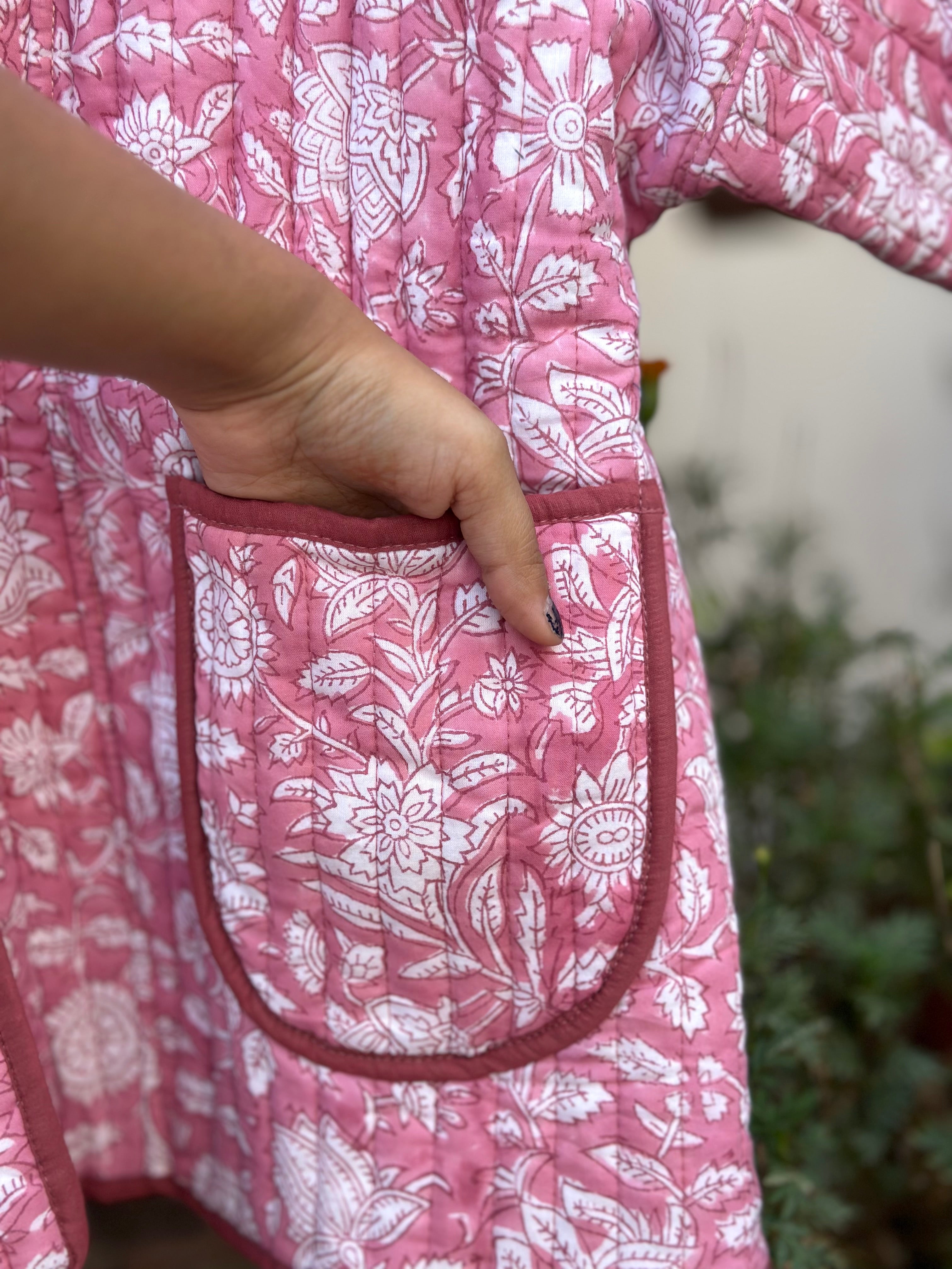 Rosé Bloom Handblock Quilted Cotton Jacket