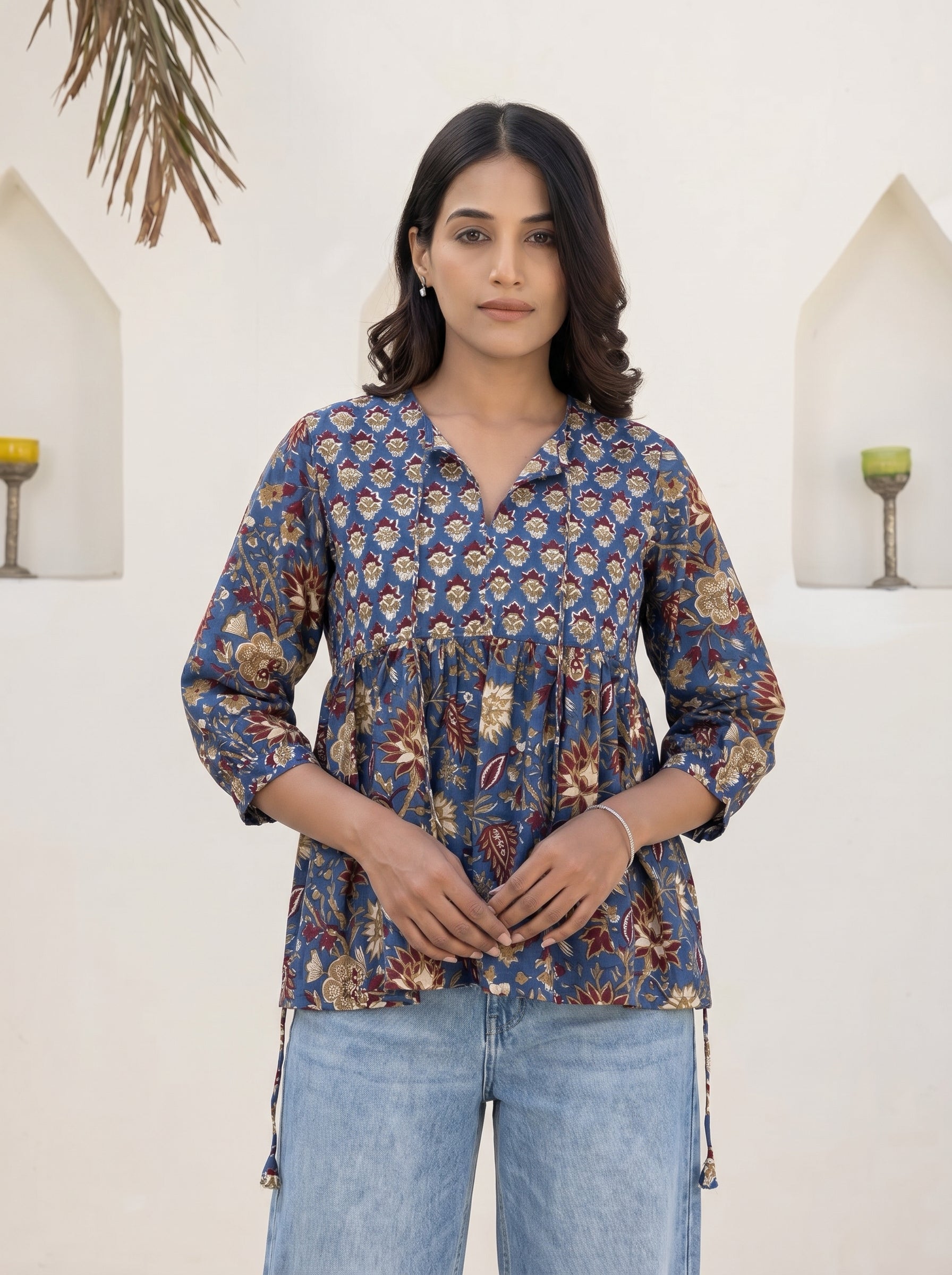 Blue Boho Floral Peplum Top