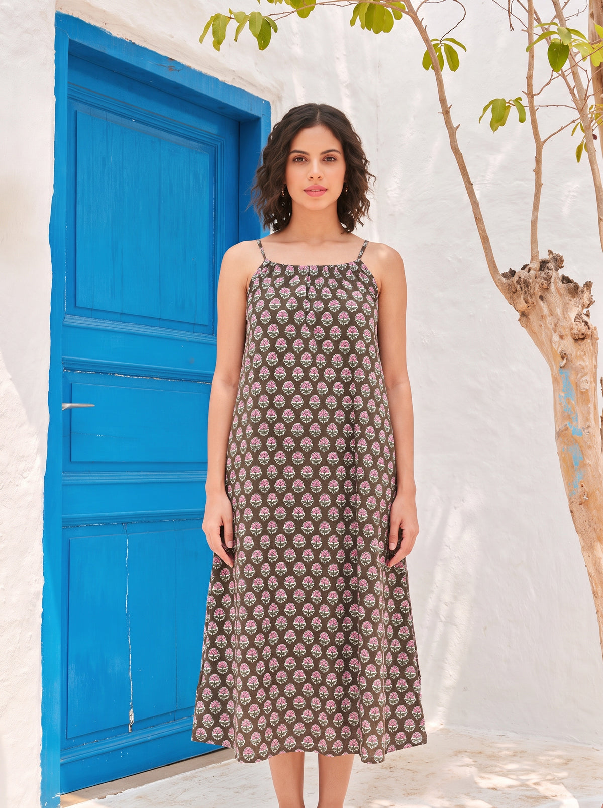 Brown Buti Cotton Halter Midi Dress