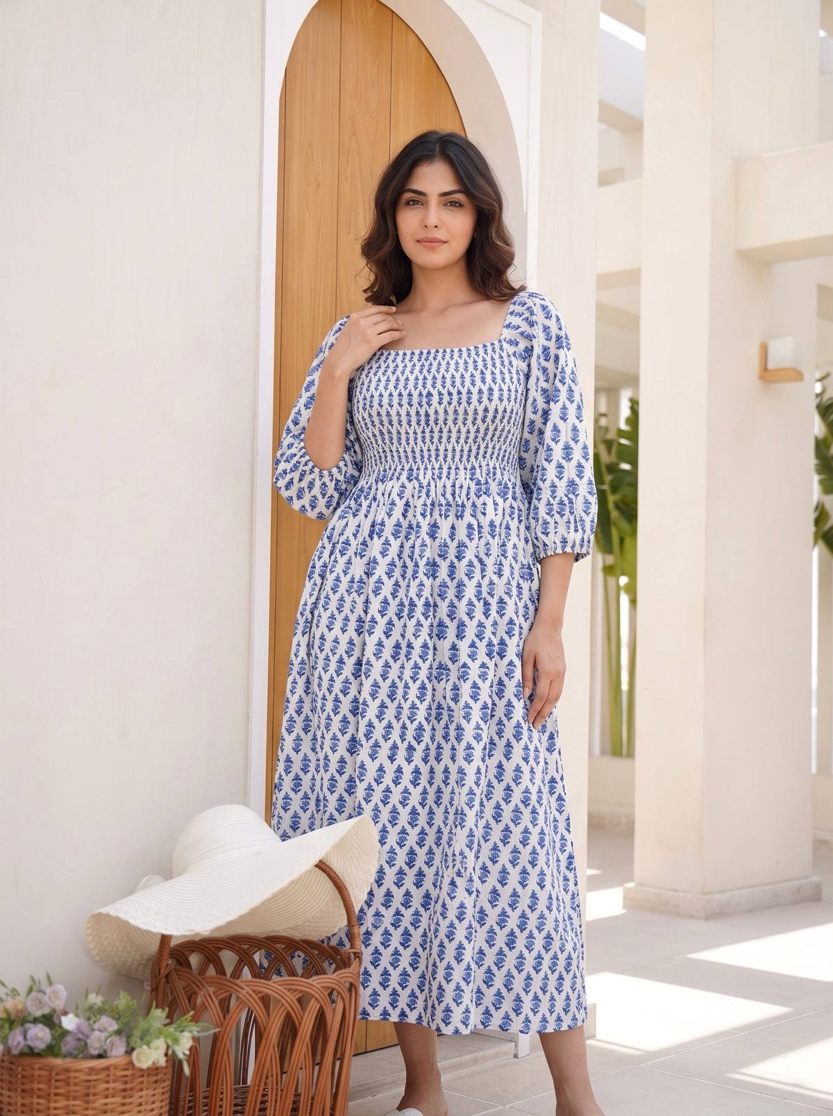 Sapphire Spring Smocked Midi Dress