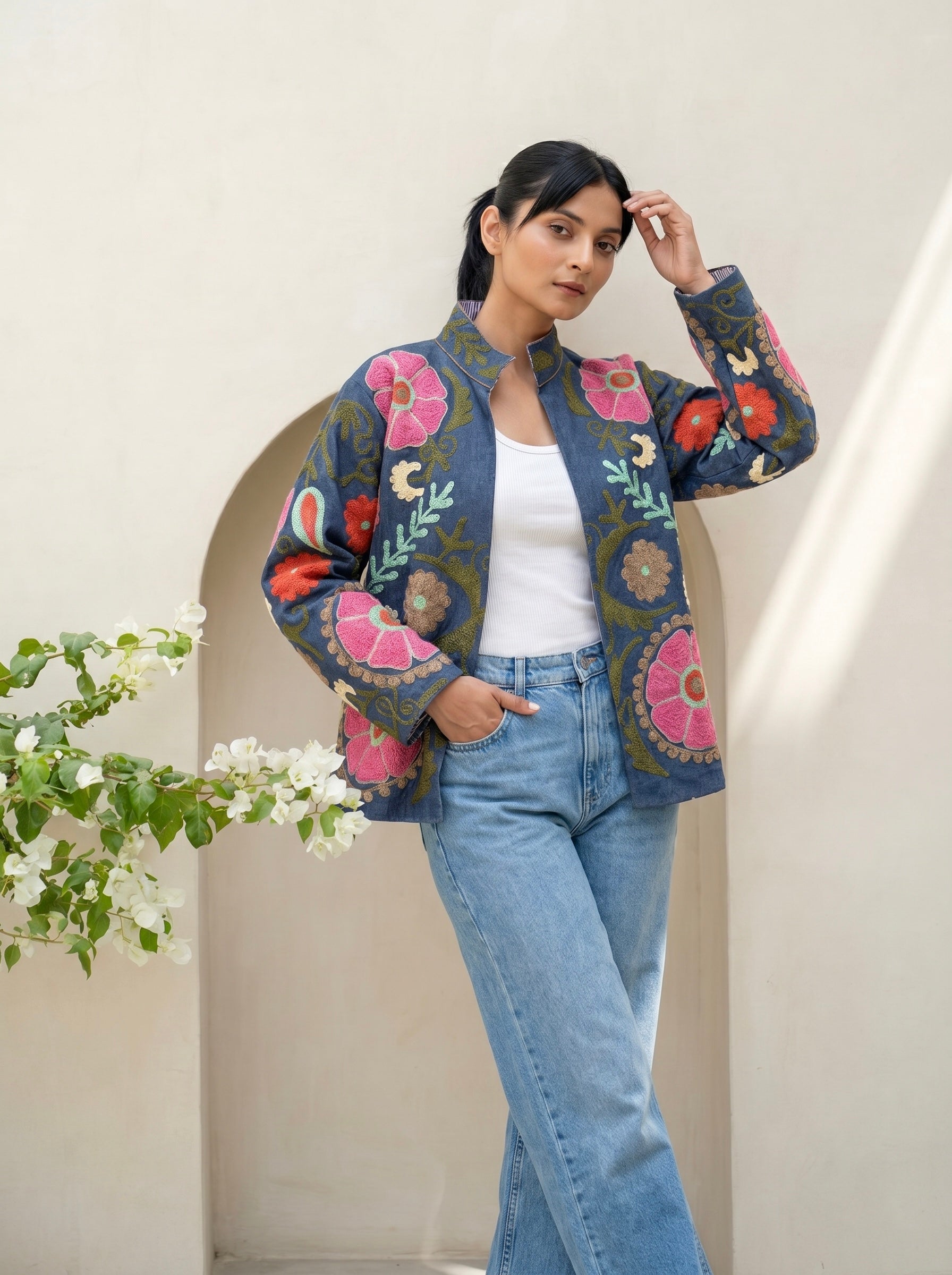 Slate Blue Embroidered Suzani Jacket