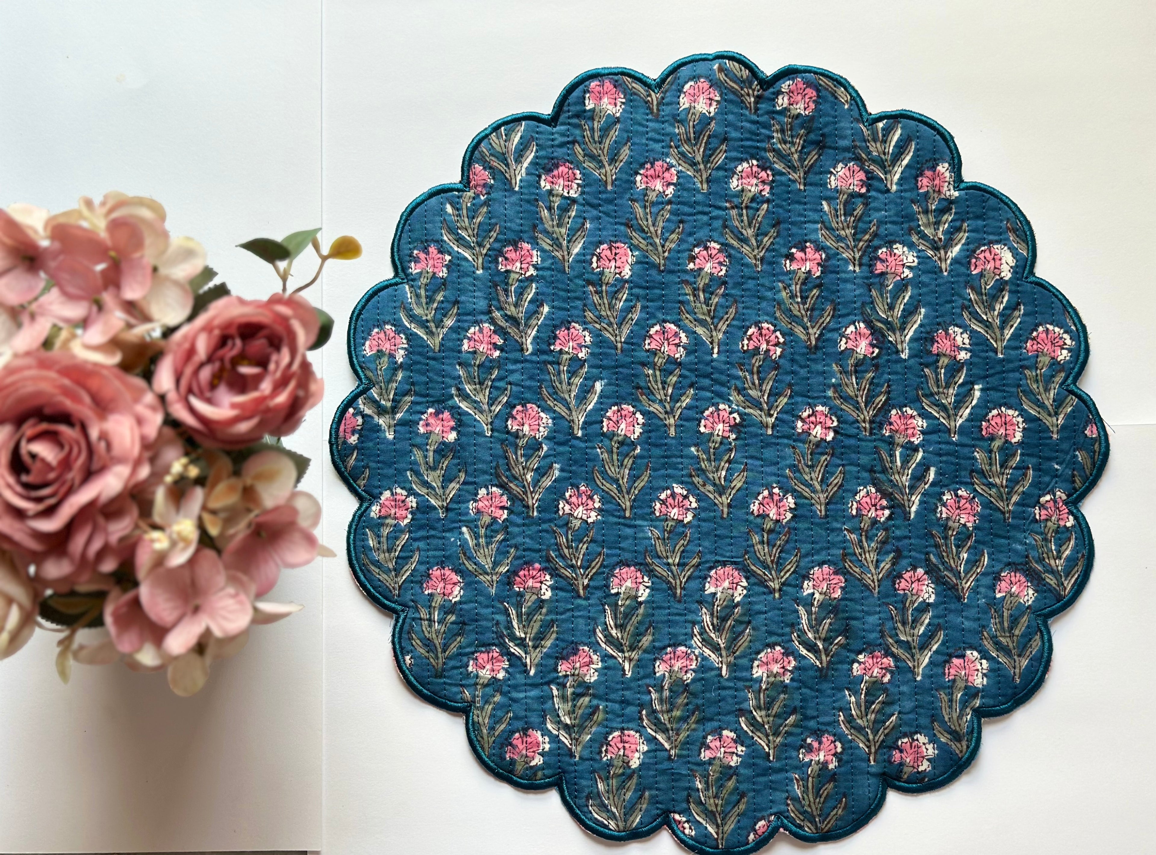 Teal Sweetheart Carnation Quilted Placemat Set of 6