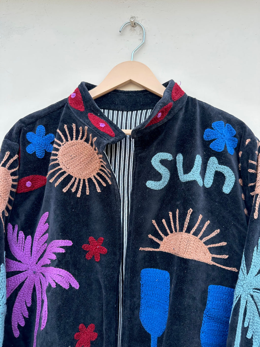 Tropical Sunset Embroidered Black Velvet Jacket