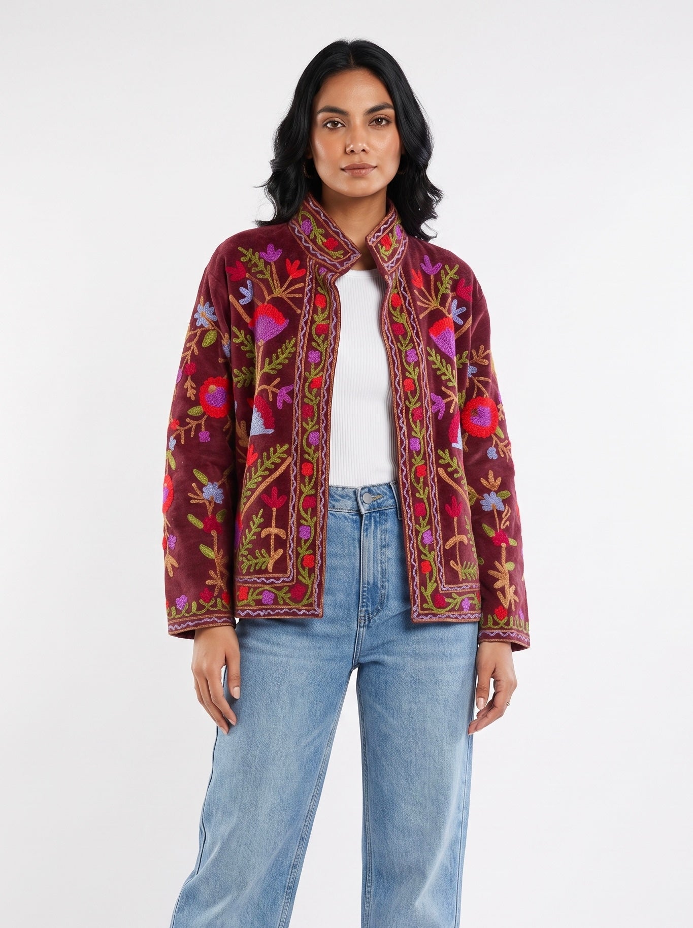 Burgundy Velvet Colorful Floral Vine Jacket