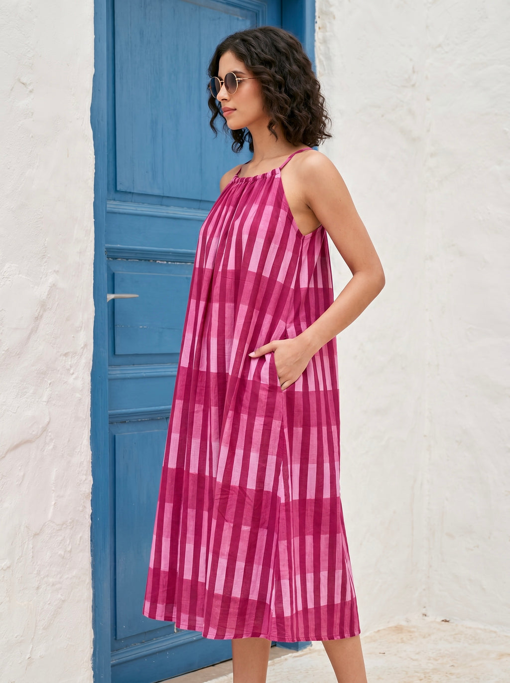 Rosabelle Checked Cotton Halter Maxi Dress