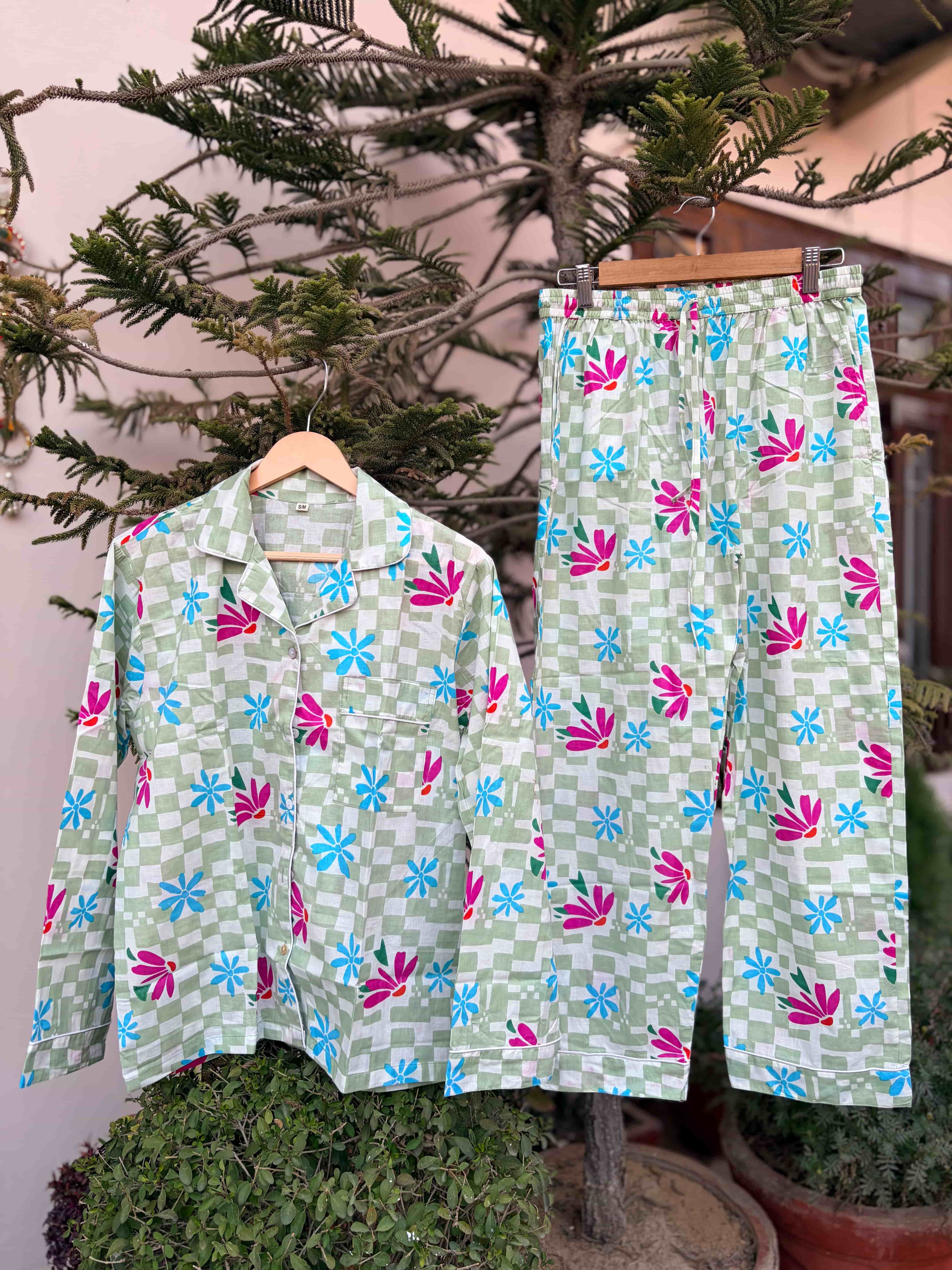 Retro Floral Gingham cotton Pjs set