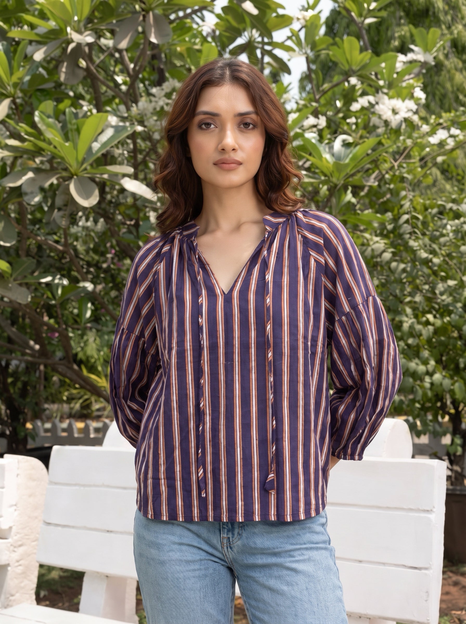 Midnight Stripe Cotton Blouse