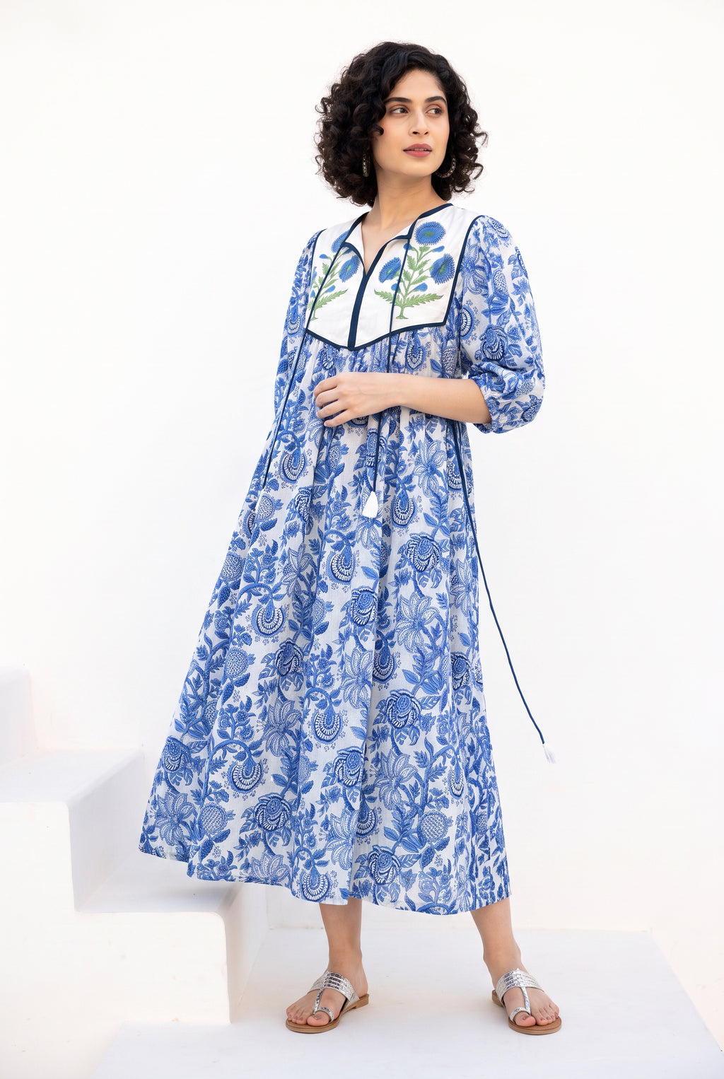 Blue Meadow Cotton Printed Buta Dress