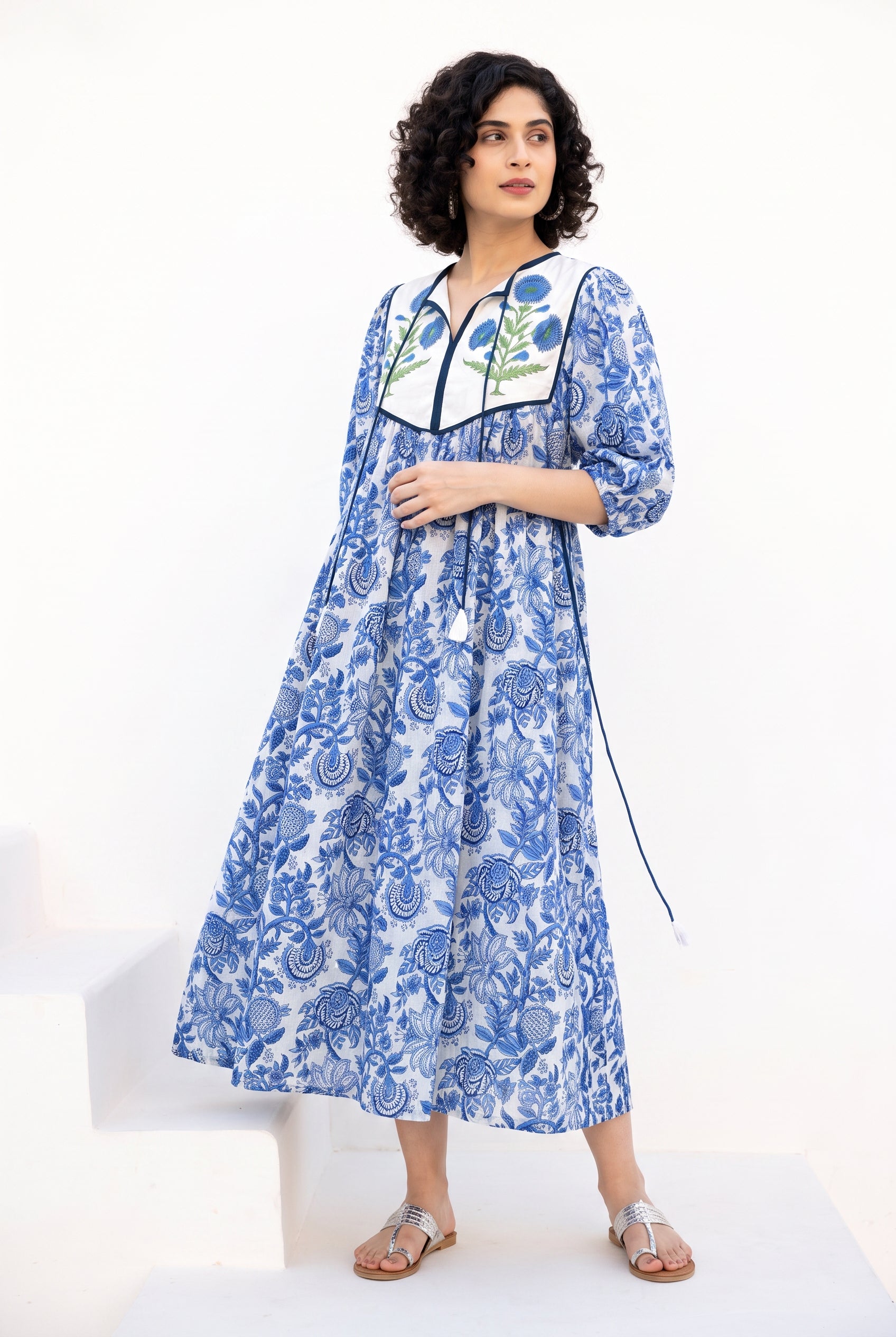 Blue Meadow Cotton Printed Buta Dress