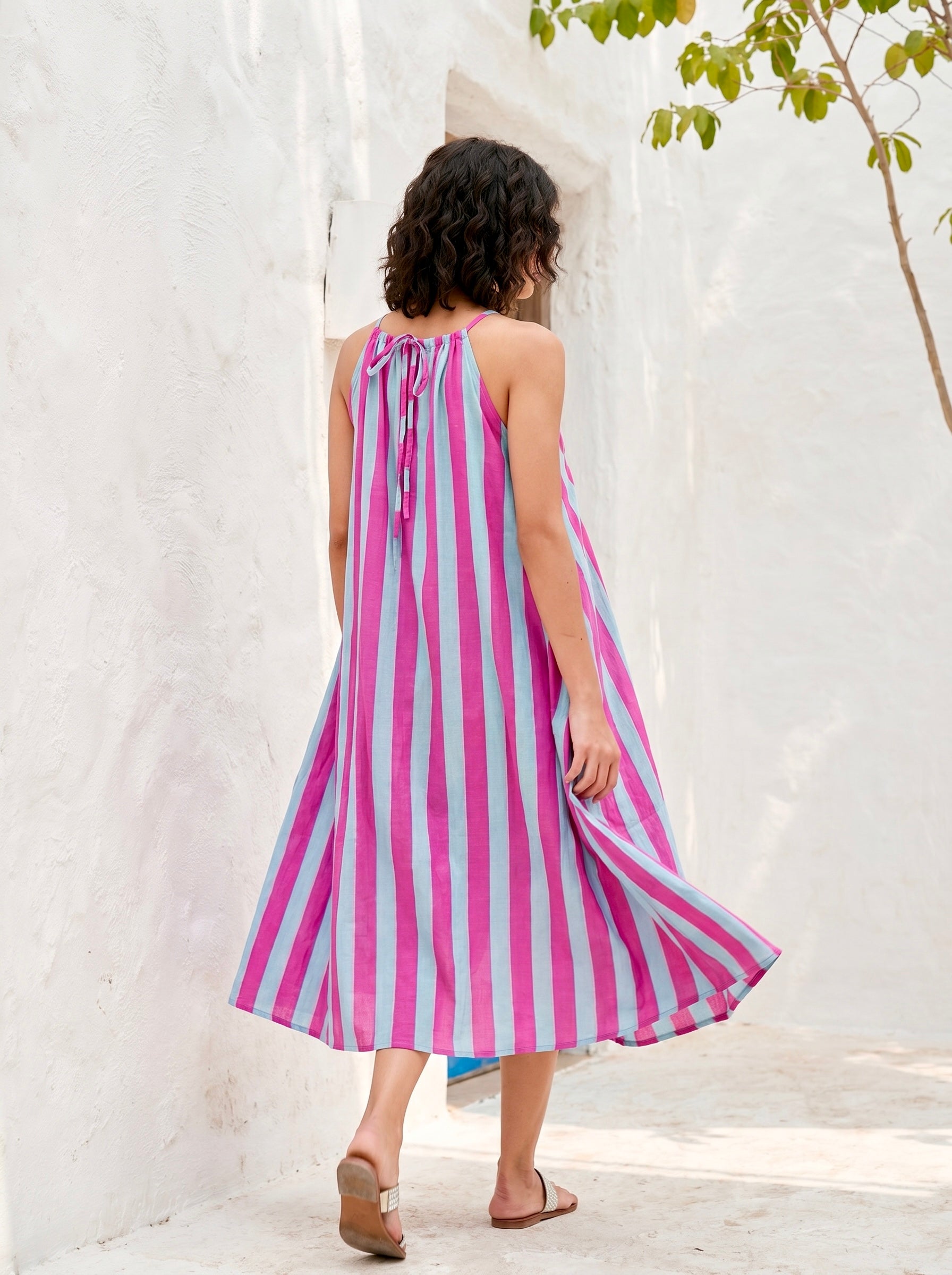 Candy Stripe Cotton Halter Maxi Dress
