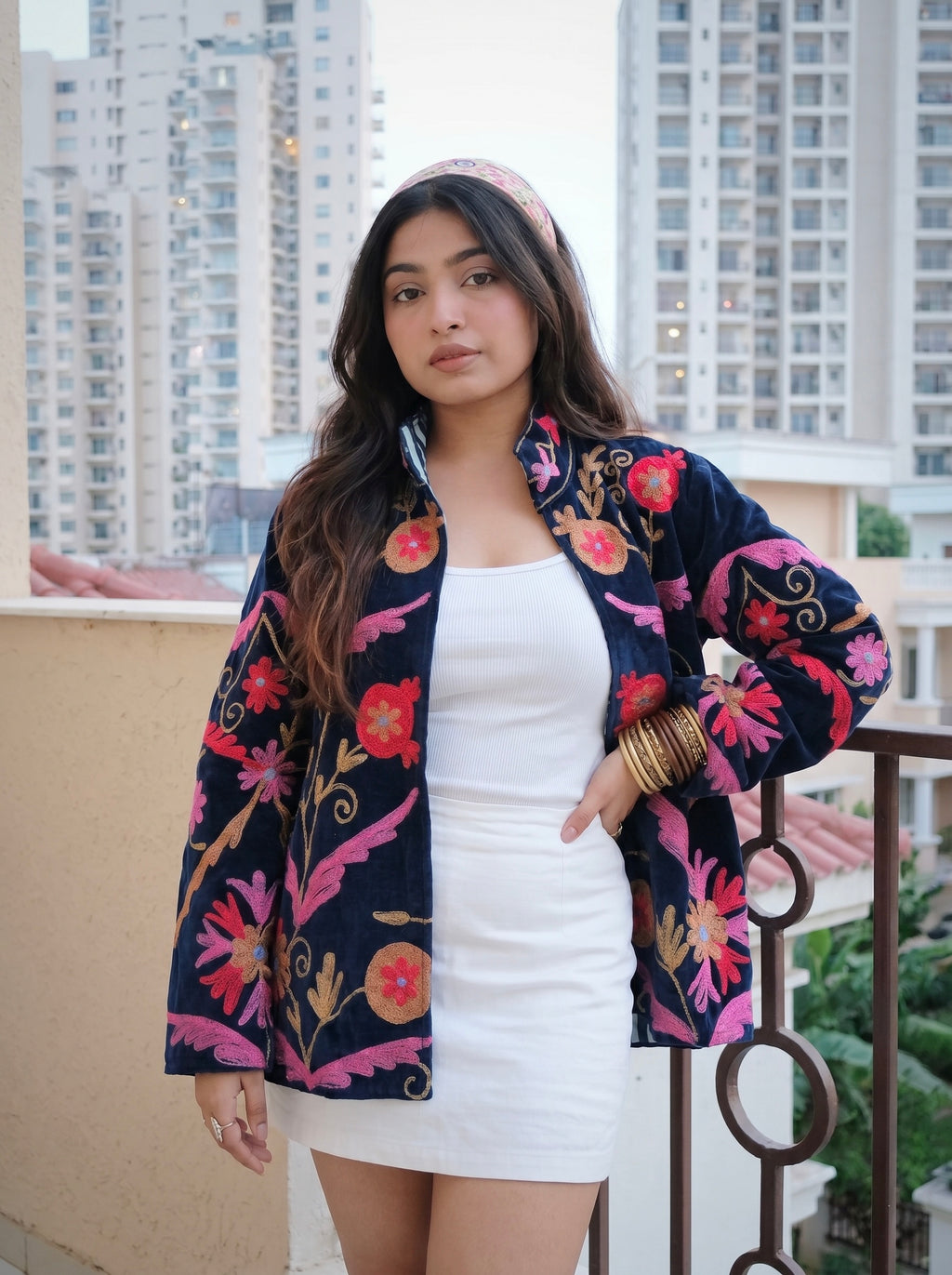 Navy Velvet with Pink Embroidered Velvet Jacket